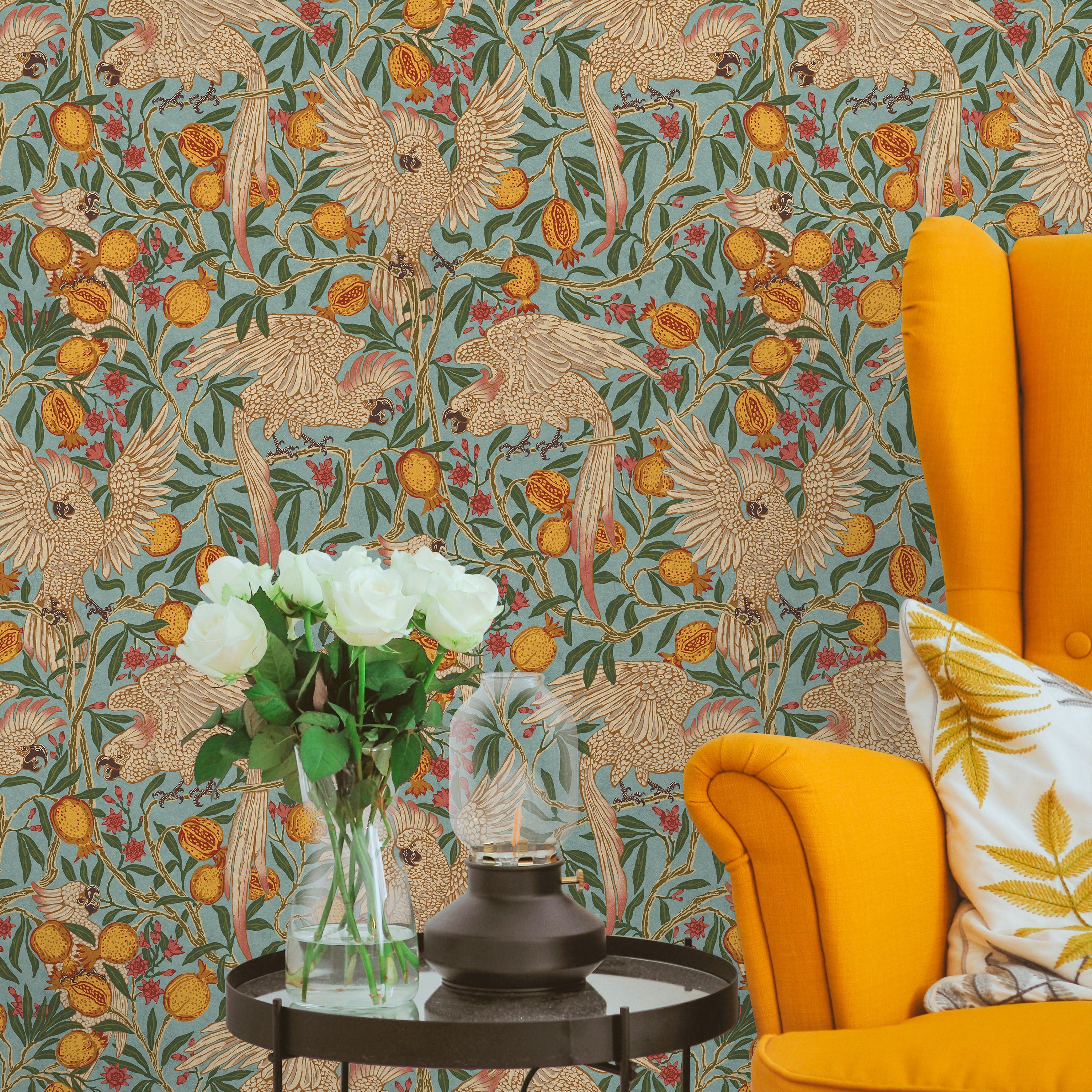 Walter Crane x Cockatoo and Pomegranate Peel and Stick Wallpaper, Removable Wallpaper, Traditional Wallpaper - Light Blue | DeccoPrint