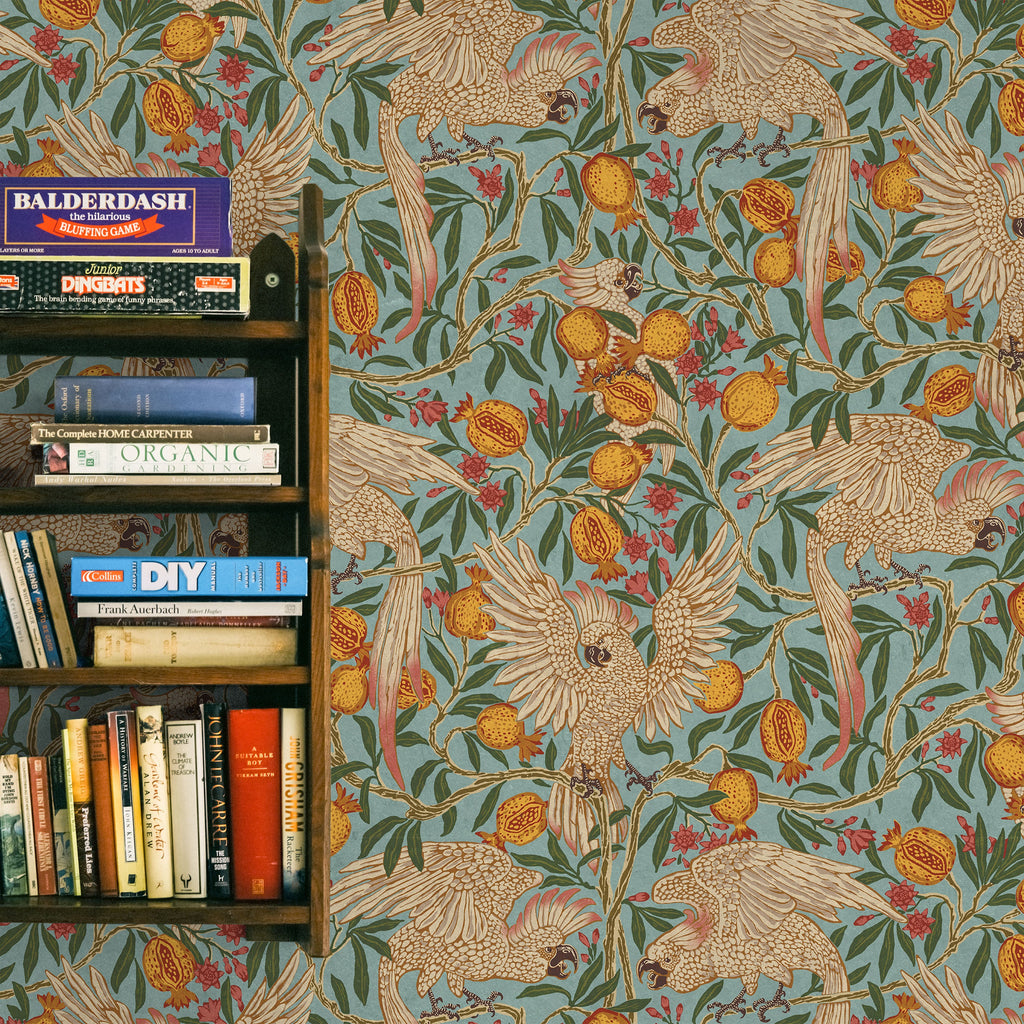 Walter Crane x Cockatoo and Pomegranate Peel and Stick Wallpaper, Removable Wallpaper, Traditional Wallpaper - Light Blue | DeccoPrint
