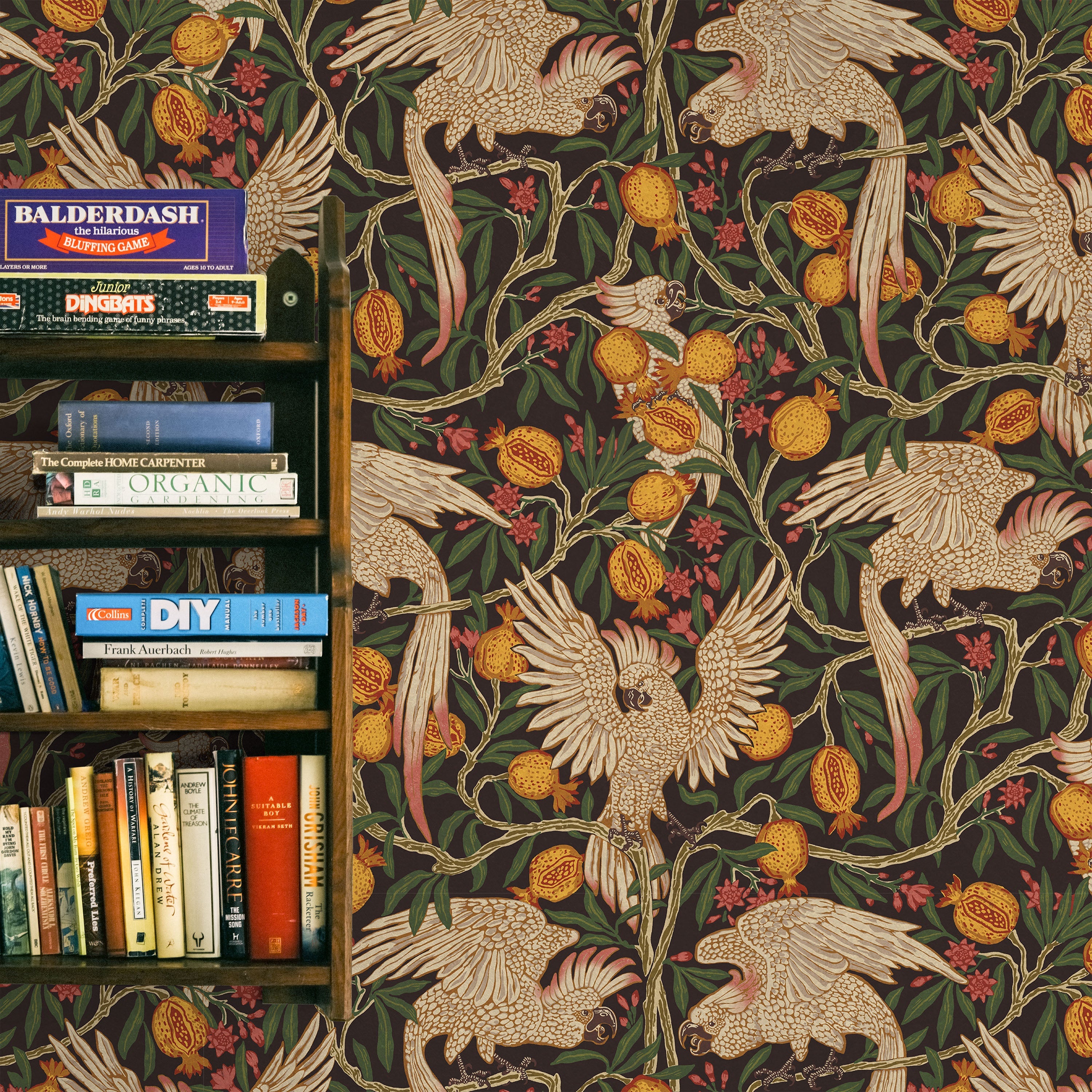 Walter Crane x Cockatoo and Pomegranate Peel and Stick Wallpaper, Removable Wallpaper, Traditional Wallpaper - Vintage Black | DeccoPrint