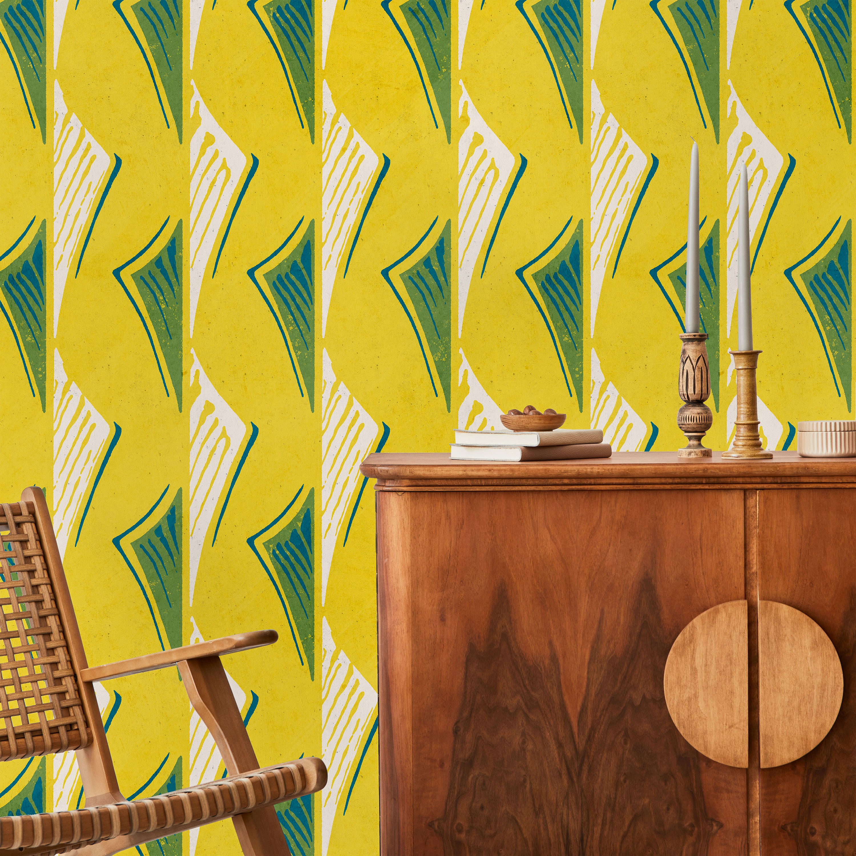 Furuya Korin x Dancing Fans Peel and Stick Wallpaper, Removable Wallpaper, Traditional Wallpaper - Bright Yellow | DeccoPrint