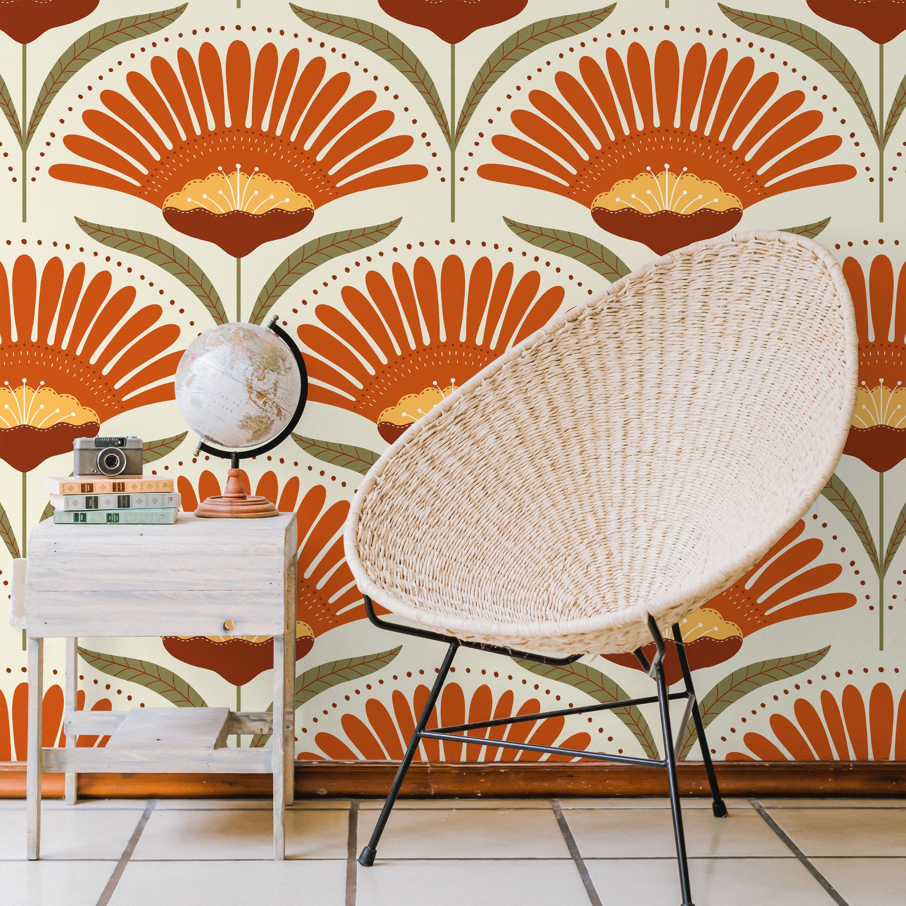 Bohemian Blossom Peel and Stick Wallpaper, Removable Wallpaper, Traditional Wallpaper - Orange | DeccoPrint