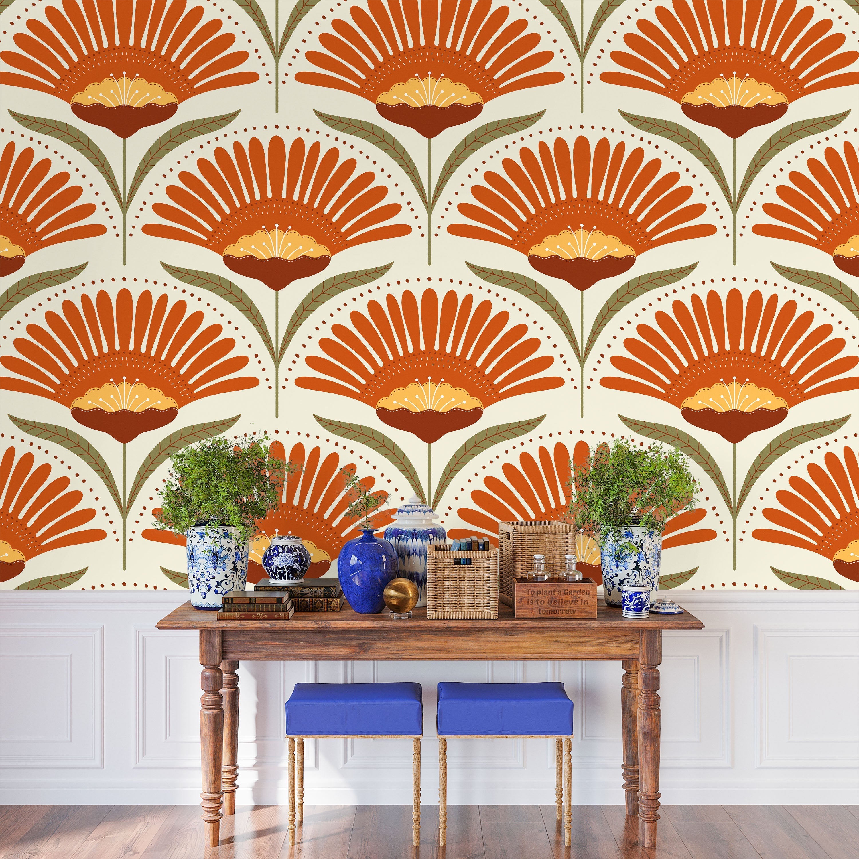 Bohemian Blossom Peel and Stick Wallpaper, Removable Wallpaper, Traditional Wallpaper - Orange | DeccoPrint