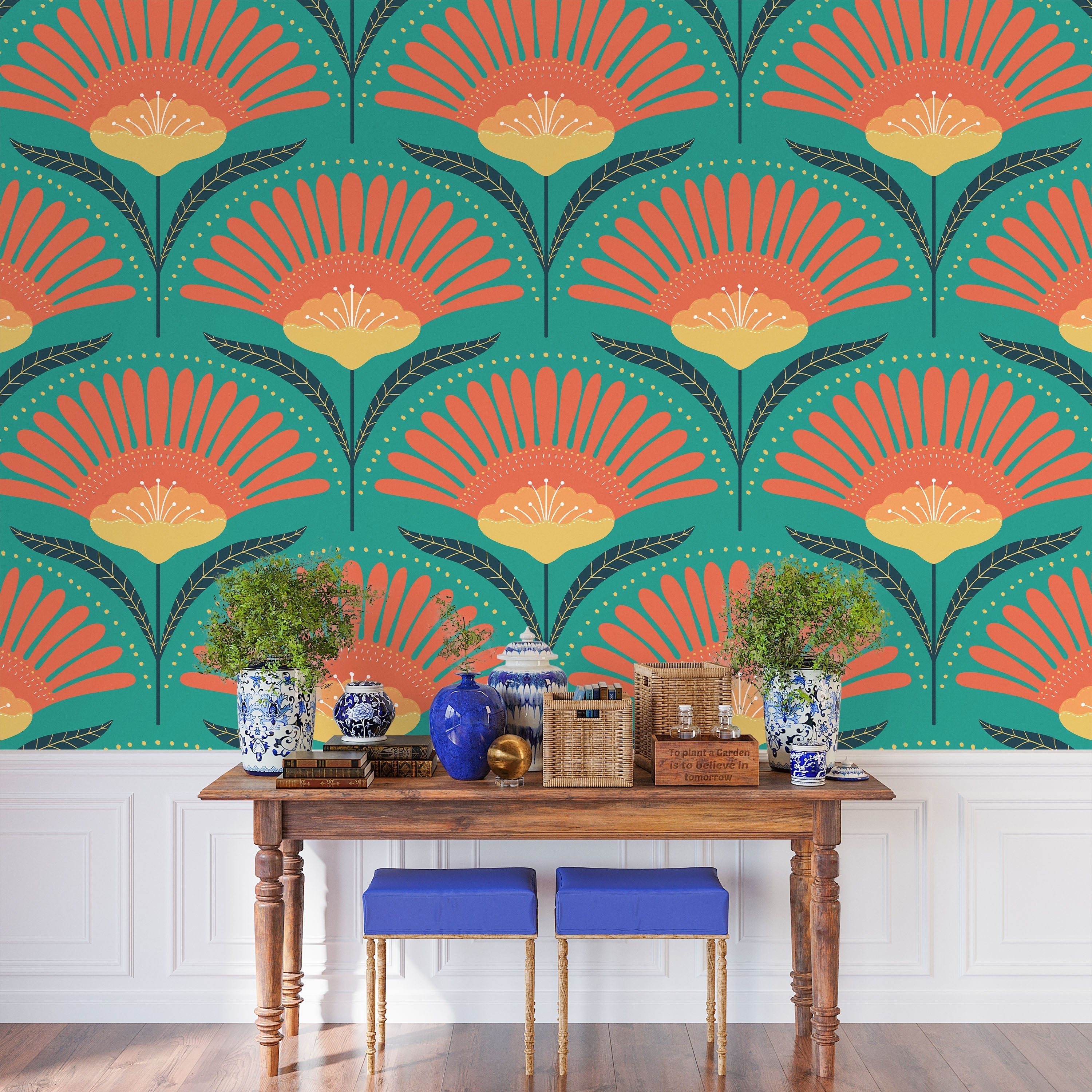 Bohemian Blossom Peel and Stick Wallpaper, Removable Wallpaper, Traditional Wallpaper - Teal | DeccoPrint