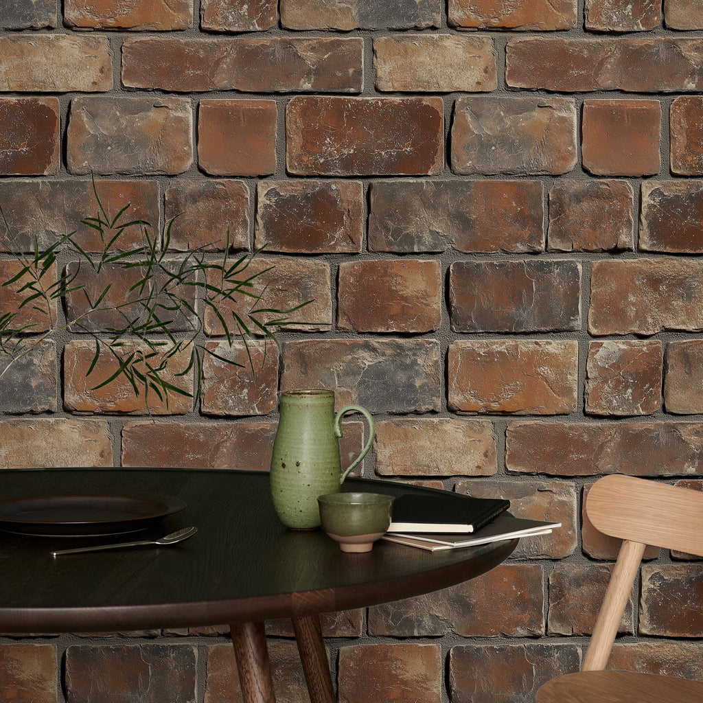 Urban Masonry Peel and Stick Wallpaper, Removable Wallpaper, Traditional Wallpaper - Rust Brown Bricks | DeccoPrint