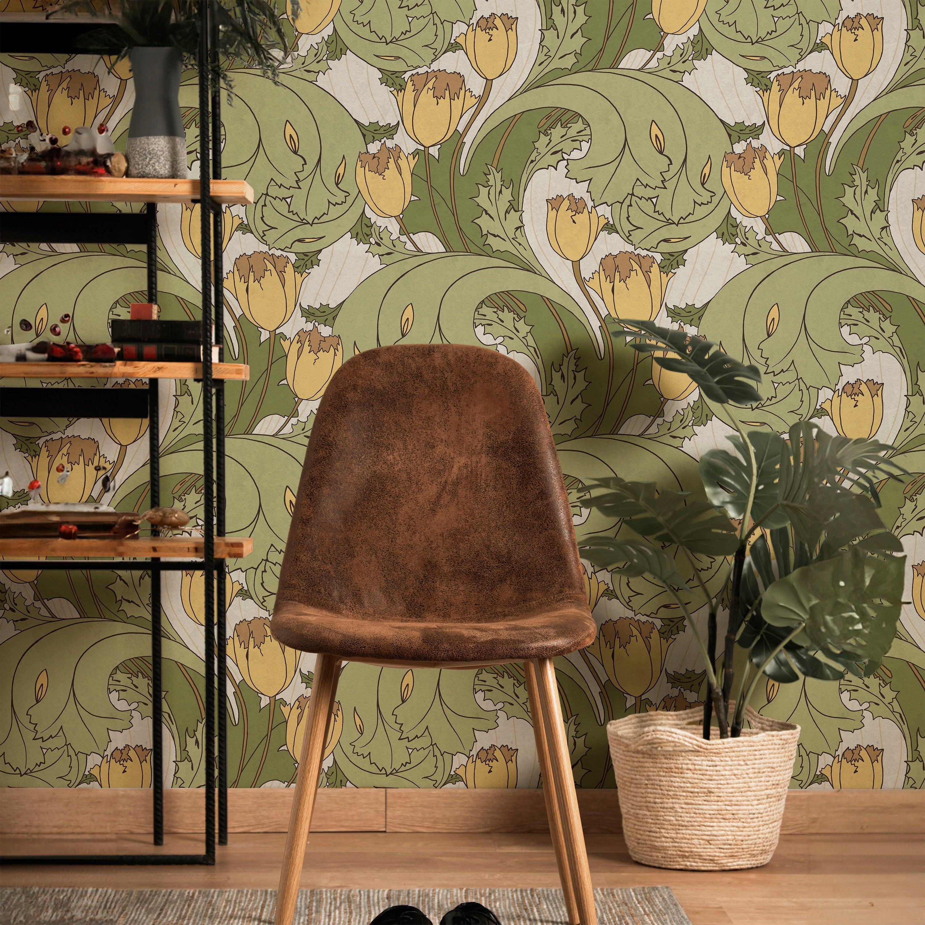 C.F.A. Voysey x Tulips Peel and Stick Wallpaper, Removable Wallpaper, Traditional Wallpaper - Vintage Yellow | DeccoPrint