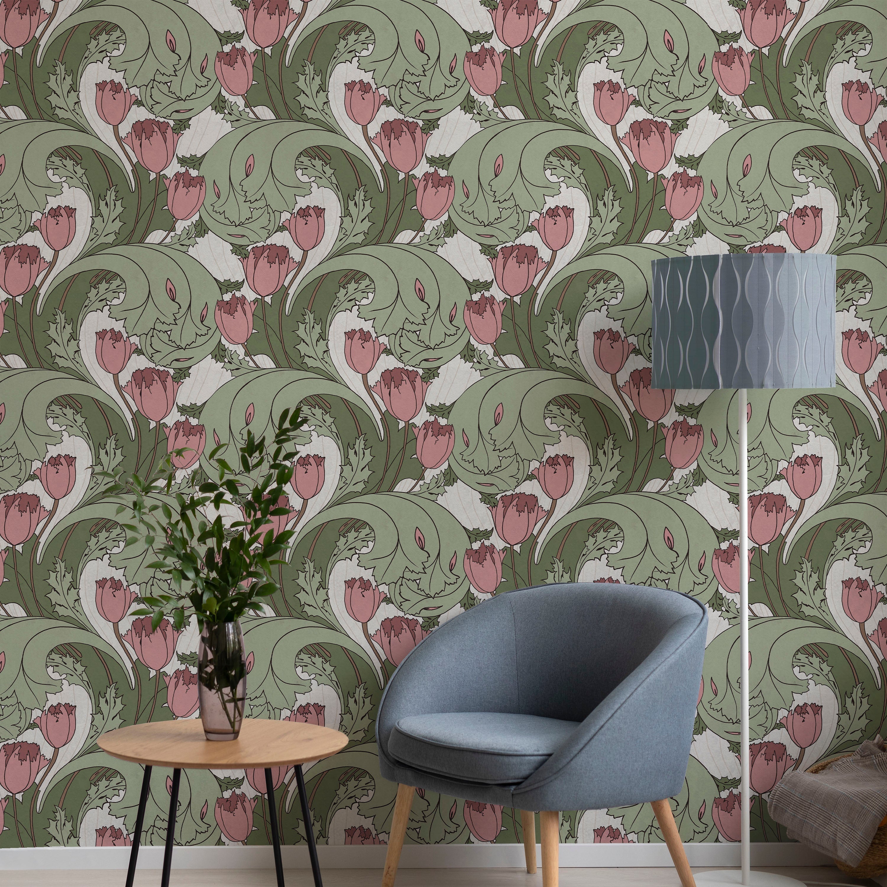 C.F.A. Voysey x Tulips Peel and Stick Wallpaper, Removable Wallpaper, Traditional Wallpaper - Cranberry Pink | DeccoPrint