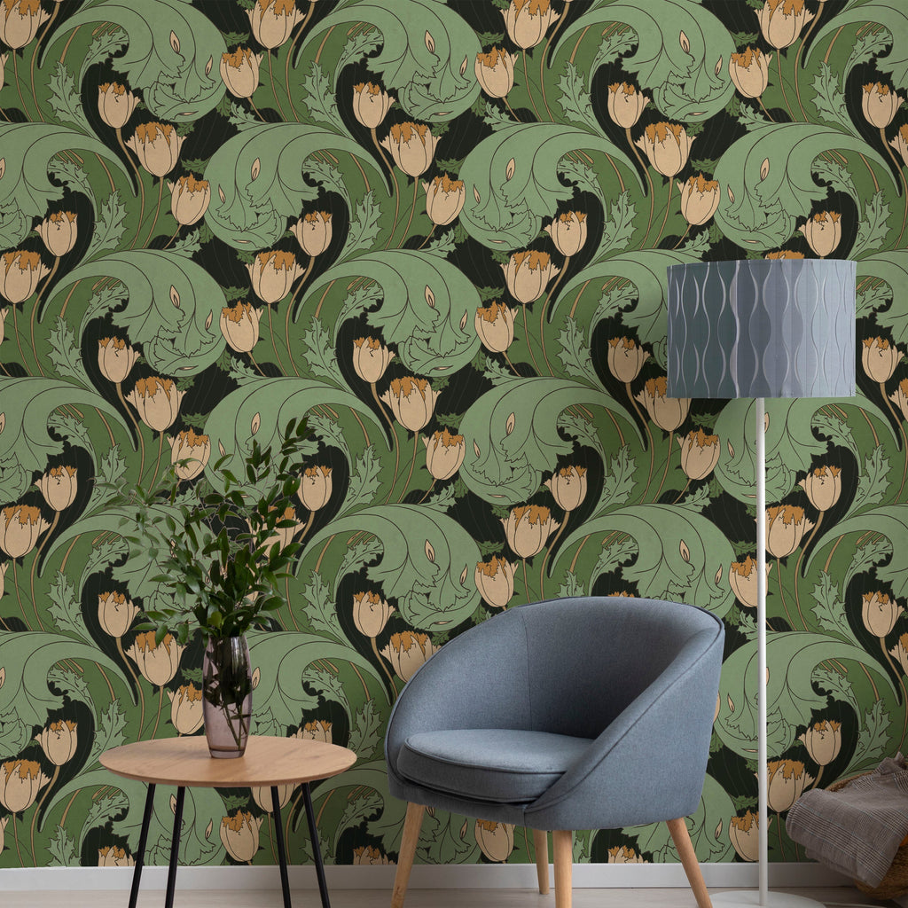 C.F.A. Voysey x Tulips Peel and Stick Wallpaper, Removable Wallpaper, Traditional Wallpaper - Forest Green | DeccoPrint