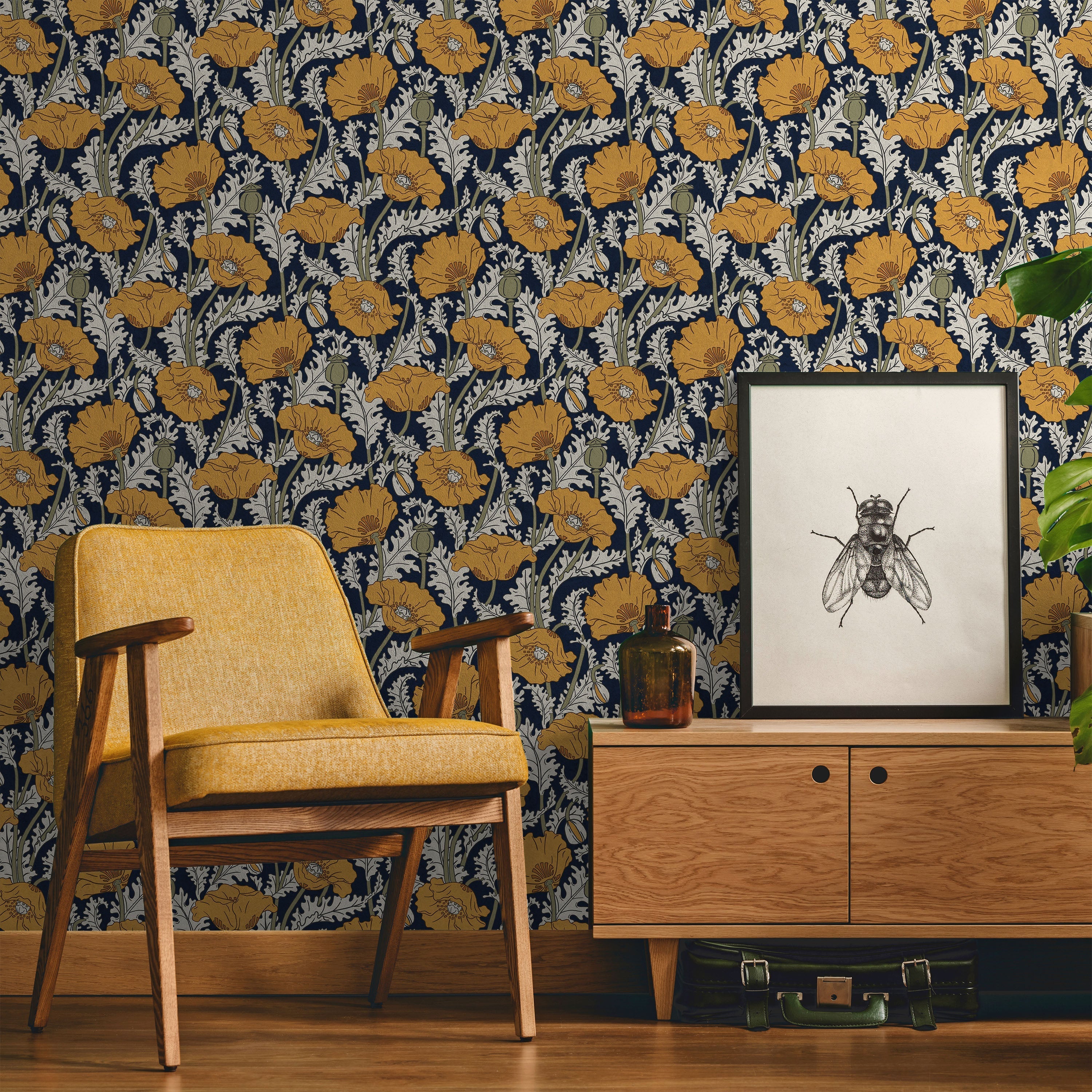 Maurice Pillard Verneuil x  Poppy Peel and Stick Wallpaper, Removable Wallpaper, Traditional Wallpaper - Navy Blue | DeccoPrint