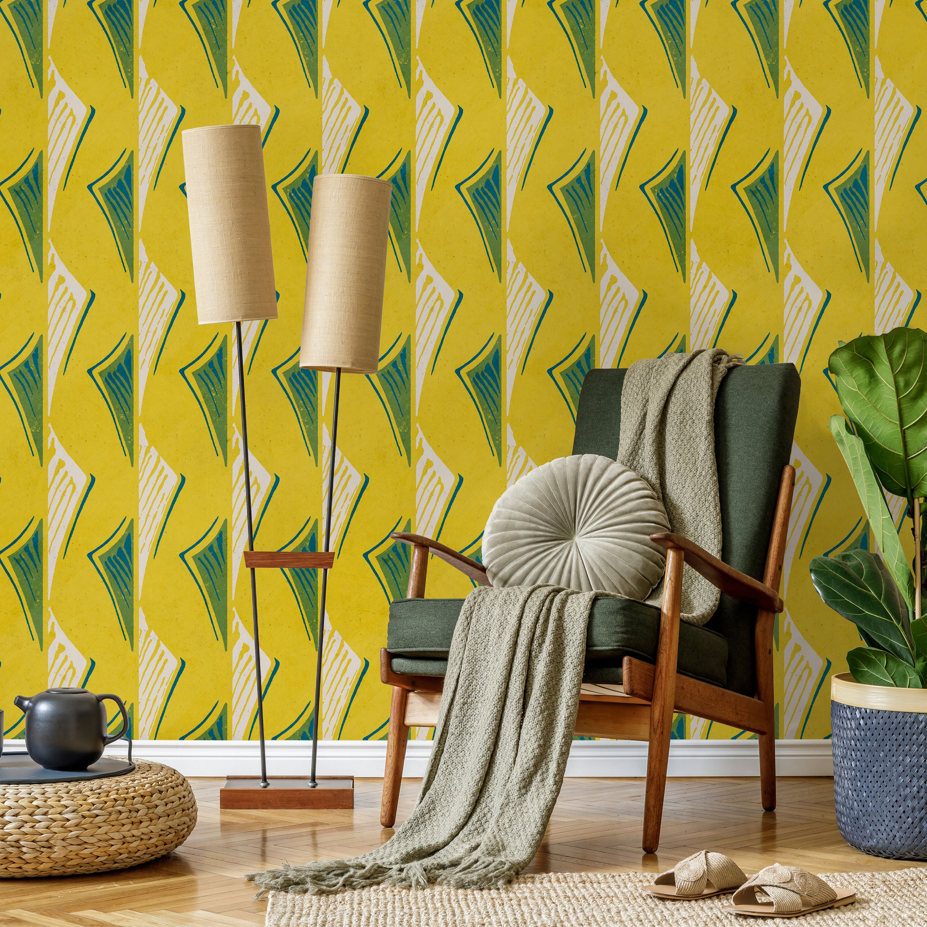 Furuya Korin x Dancing Fans Peel and Stick Wallpaper, Removable Wallpaper, Traditional Wallpaper - Bright Yellow | DeccoPrint