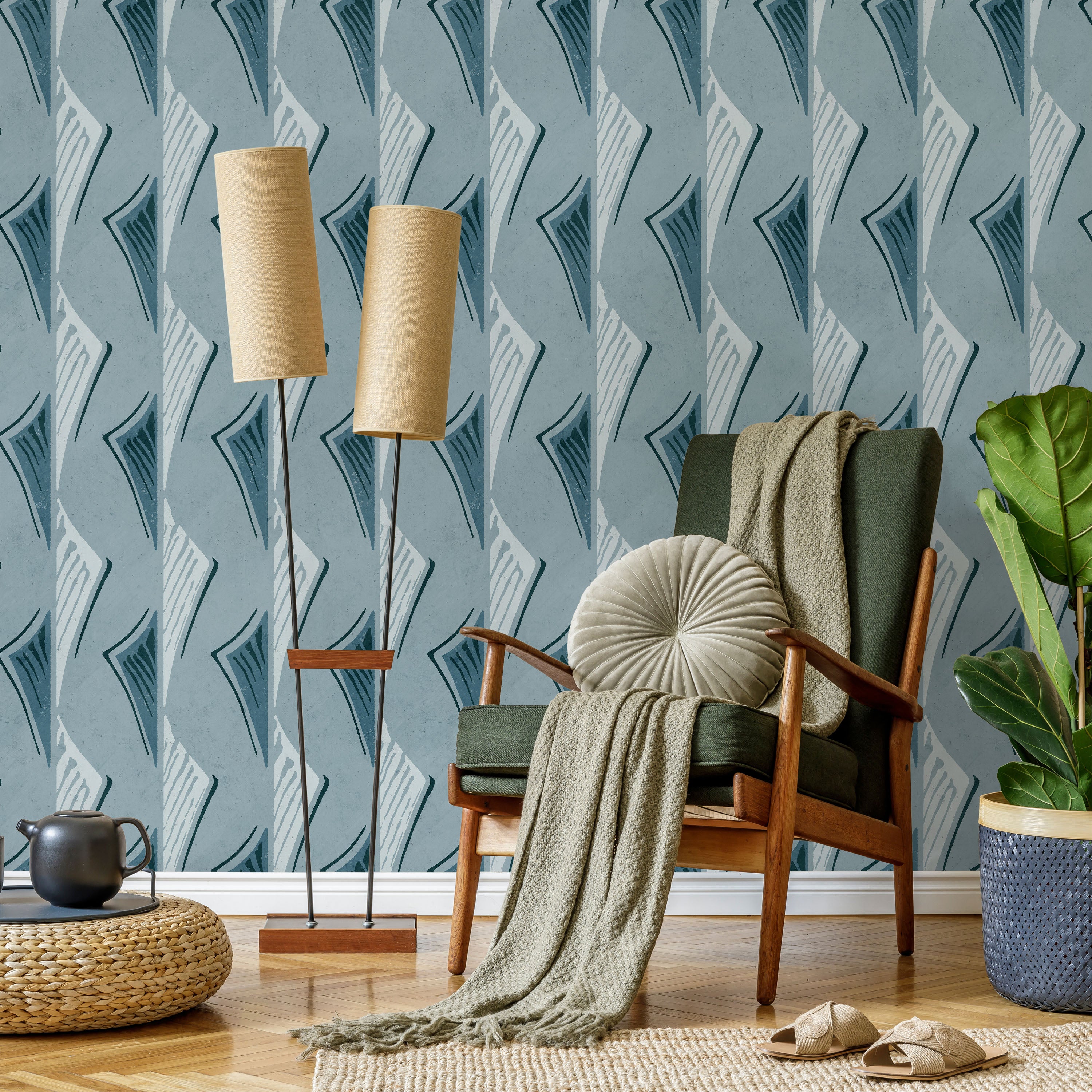 Furuya Korin x Dancing Fans Peel and Stick Wallpaper, Removable Wallpaper, Traditional Wallpaper - Soft Blue | DeccoPrint