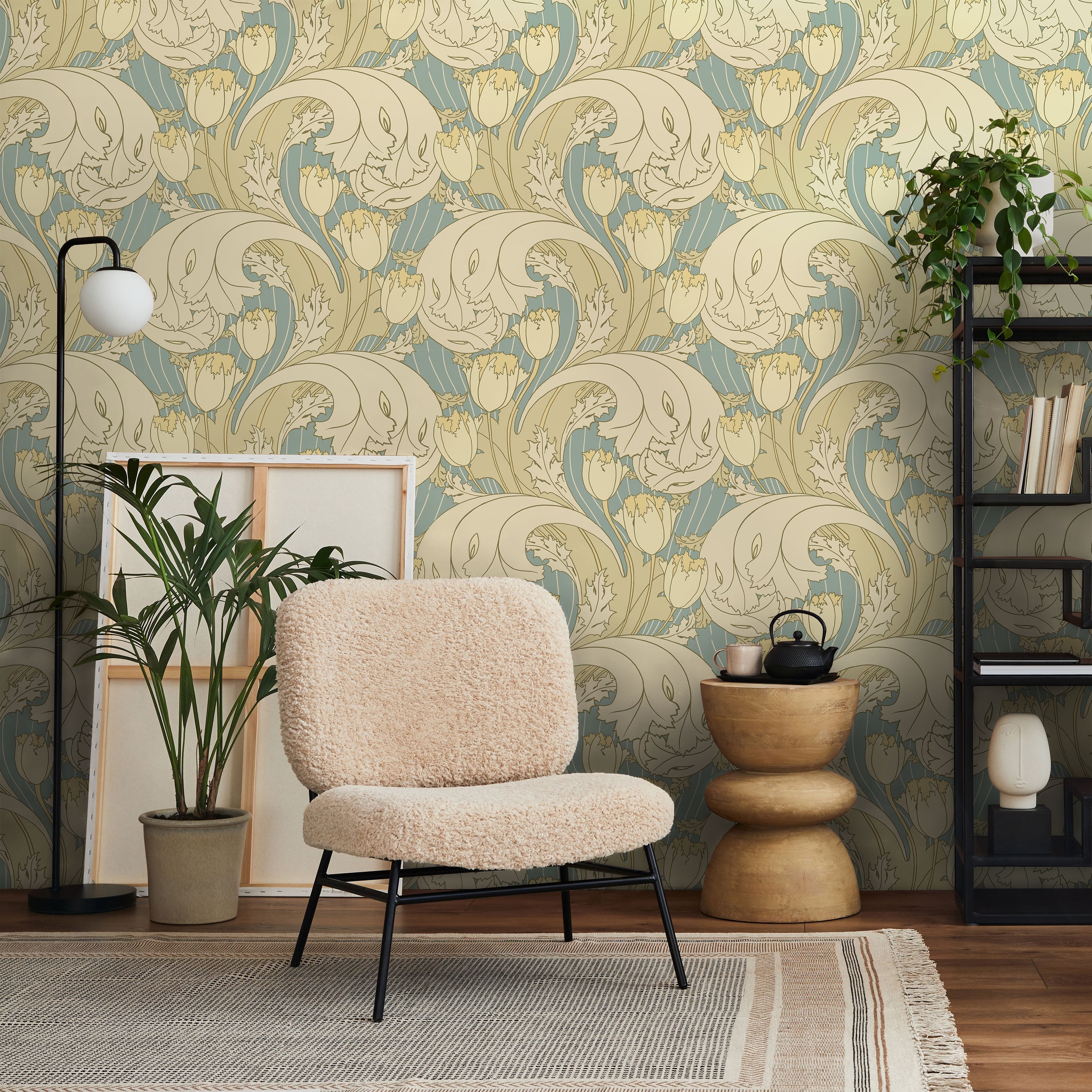 C.F.A. Voysey x Tulips Peel and Stick Wallpaper, Removable Wallpaper, Traditional Wallpaper - Faded Blue | DeccoPrint