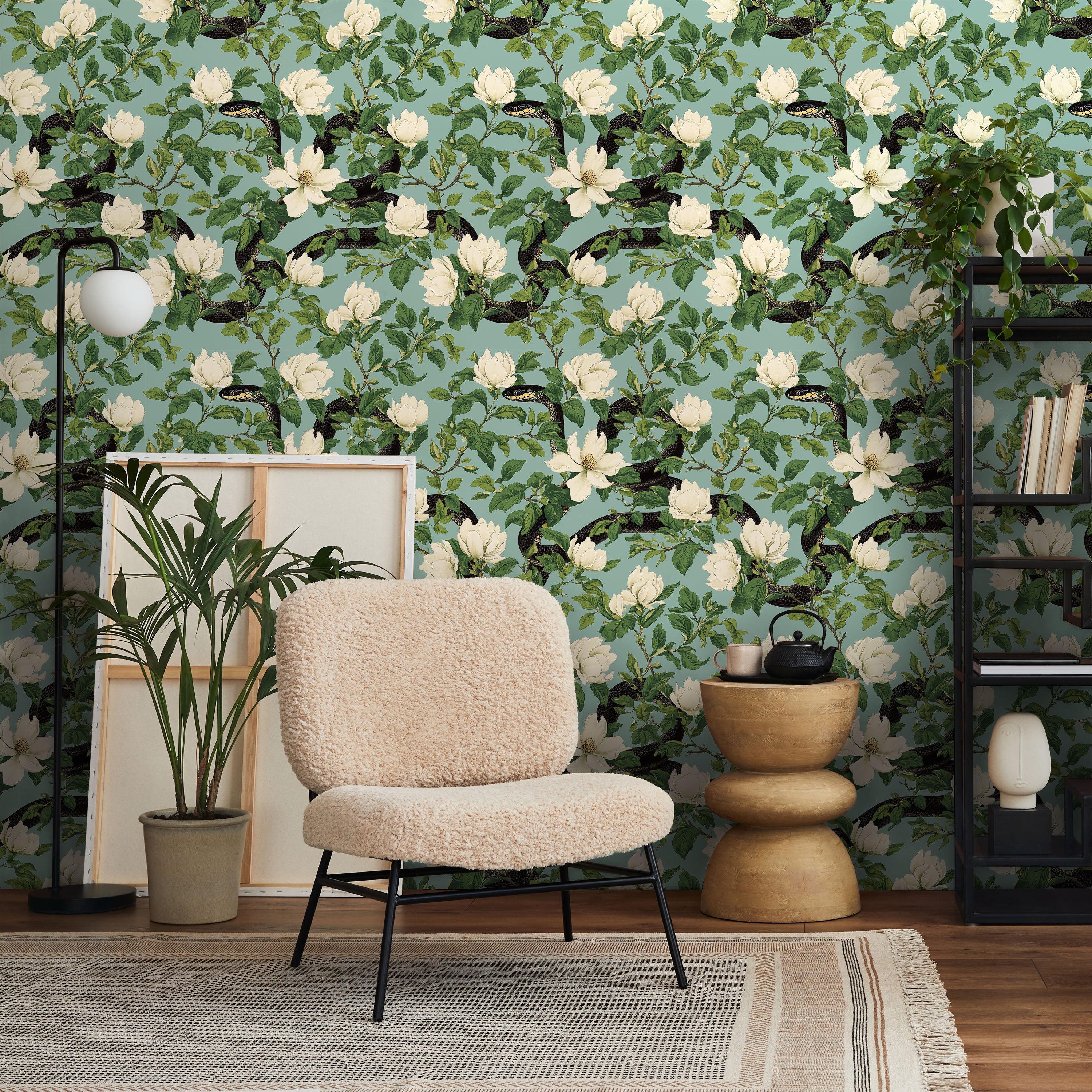 Snakes in Foliage Peel and Stick Wallpaper, Removable Wallpaper, Traditional Wallpaper - Light Teal | DeccoPrint