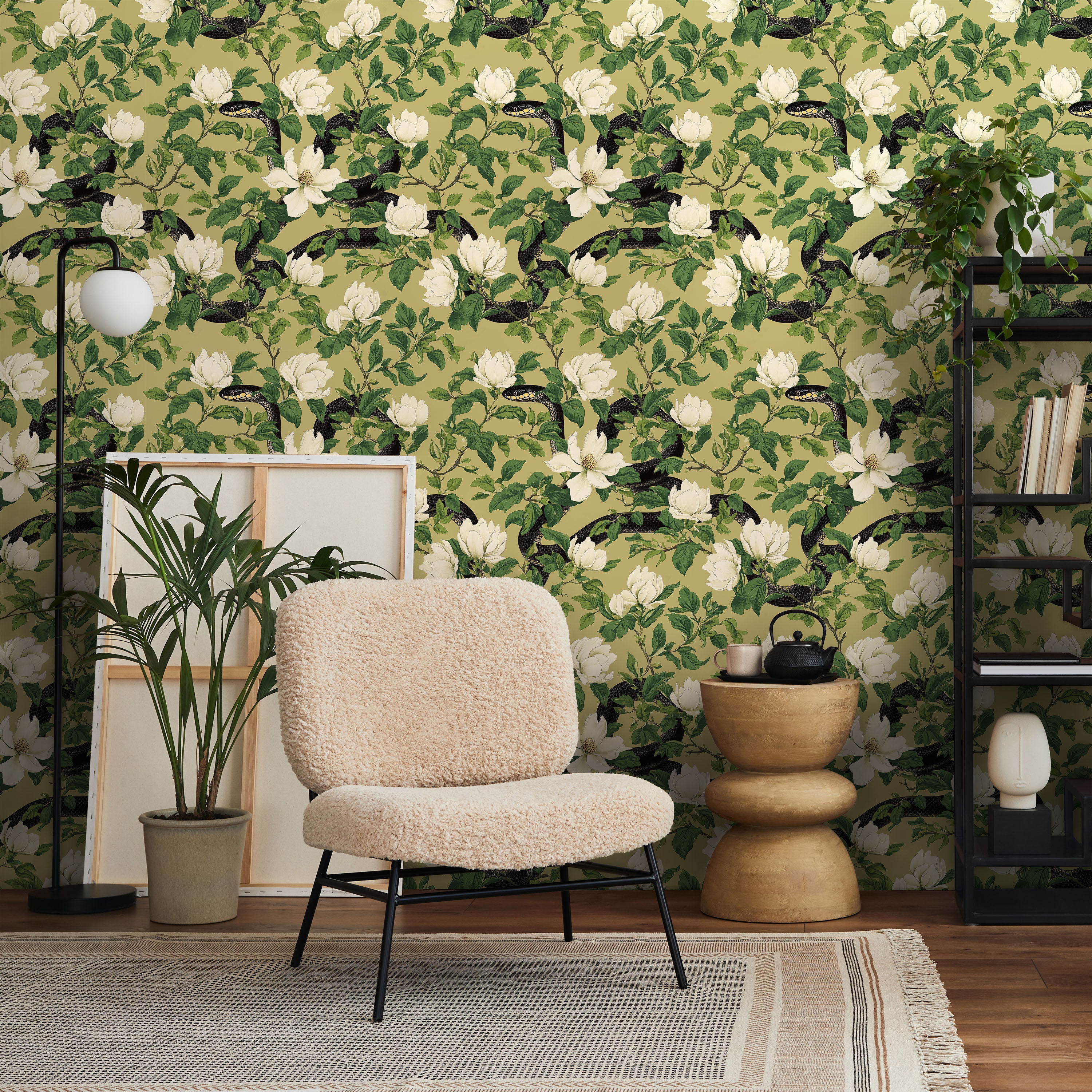 Snakes in Foliage Peel and Stick Wallpaper, Removable Wallpaper, Traditional Wallpaper - Olive Green | DeccoPrint