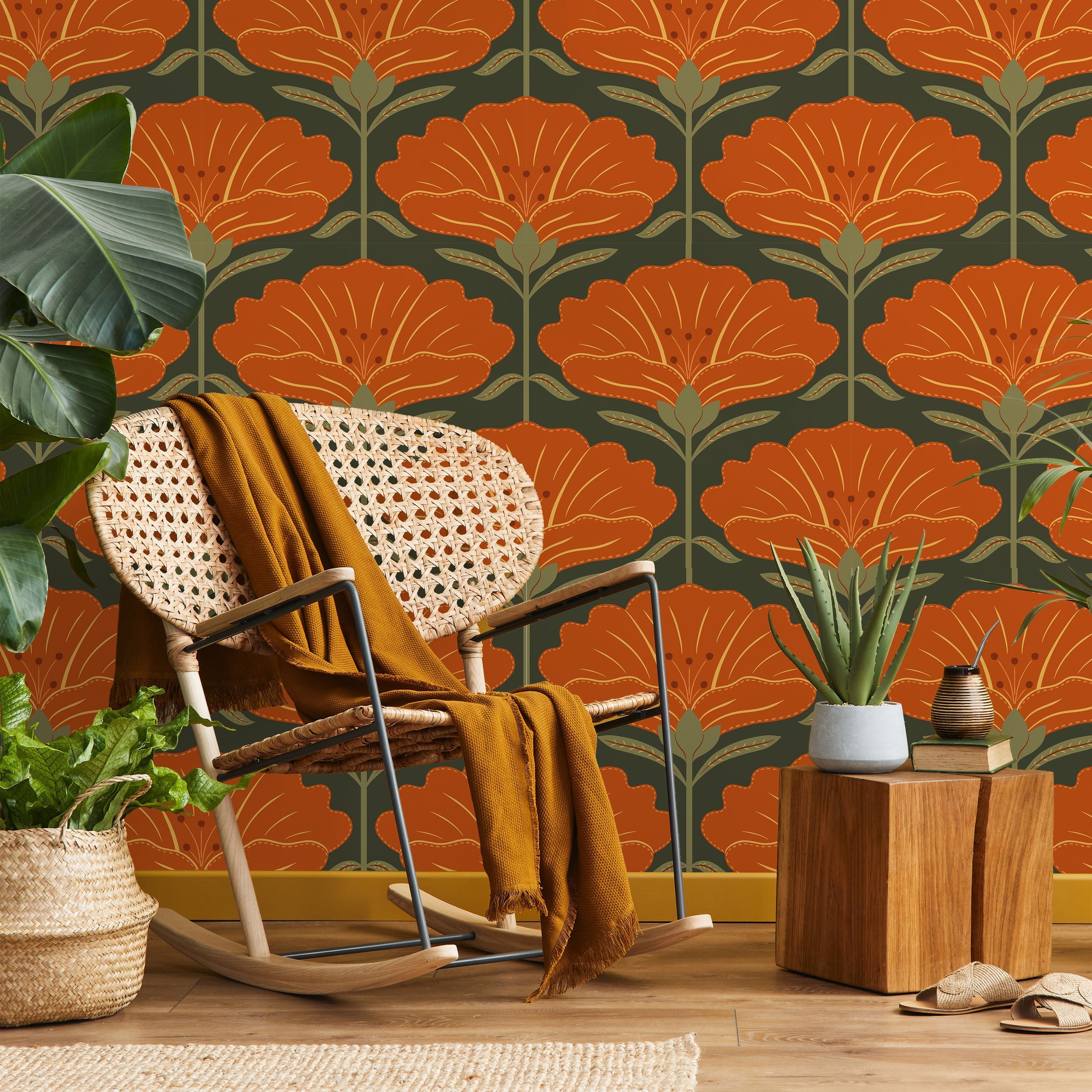 Dreamy Daisies Peel and Stick Wallpaper, Removable Wallpaper, Traditional Wallpaper - Orange | DeccoPrint