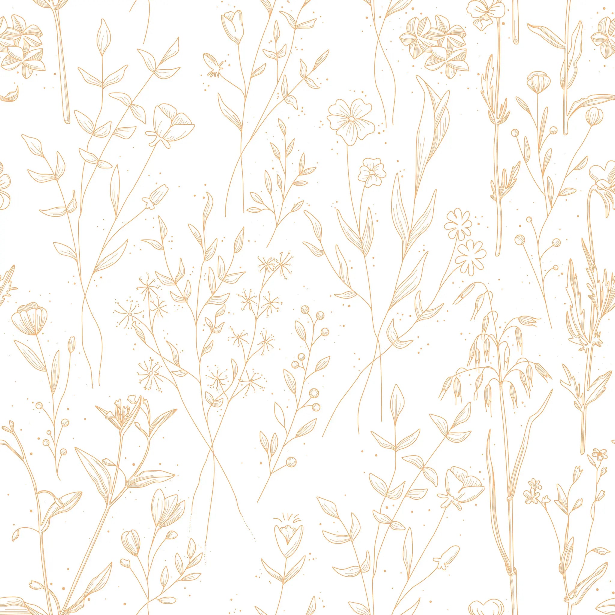 Pattern of thin, gold floral lines on a white background