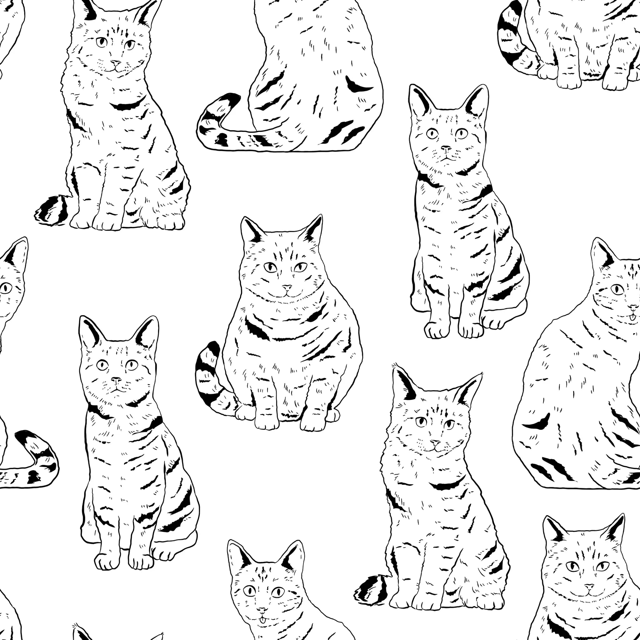 Pattern of black and white cat illustrations on a white background