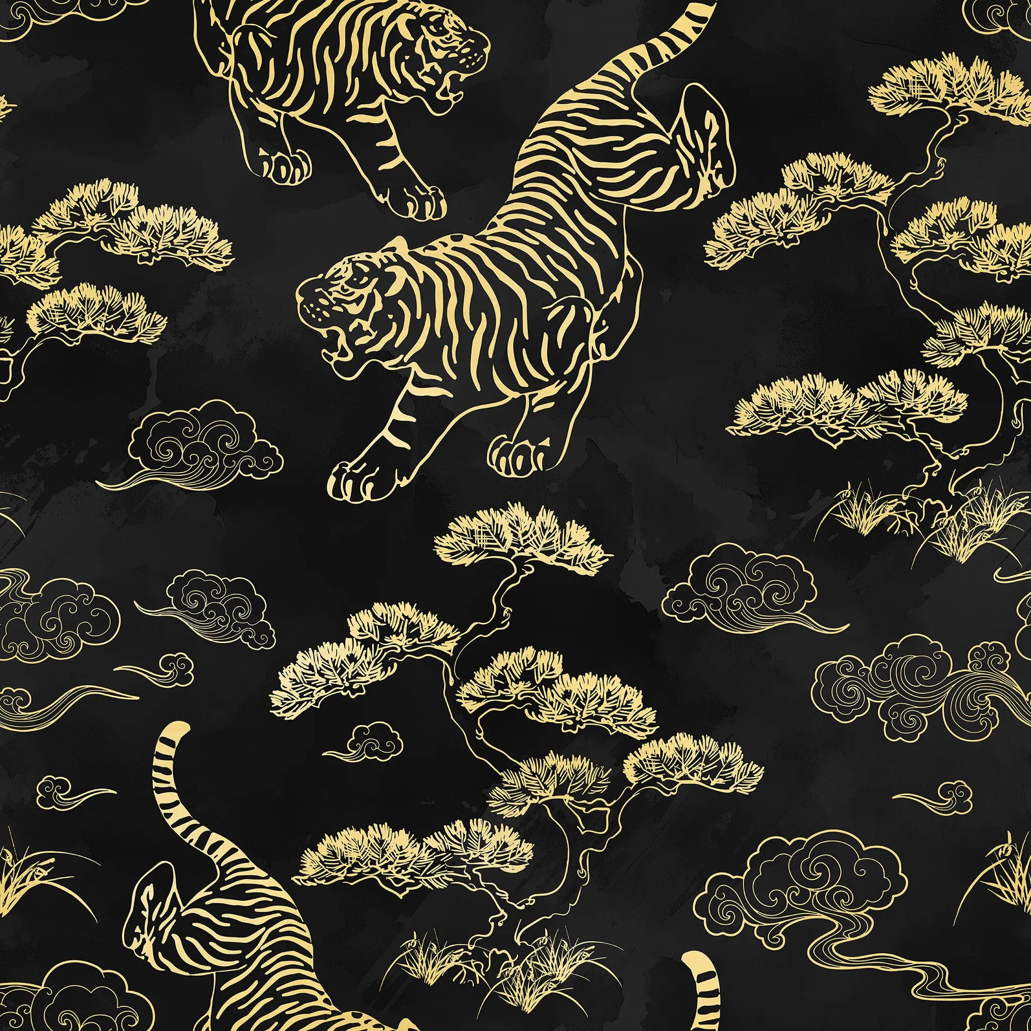 Gold tiger and trees pattern on a black background