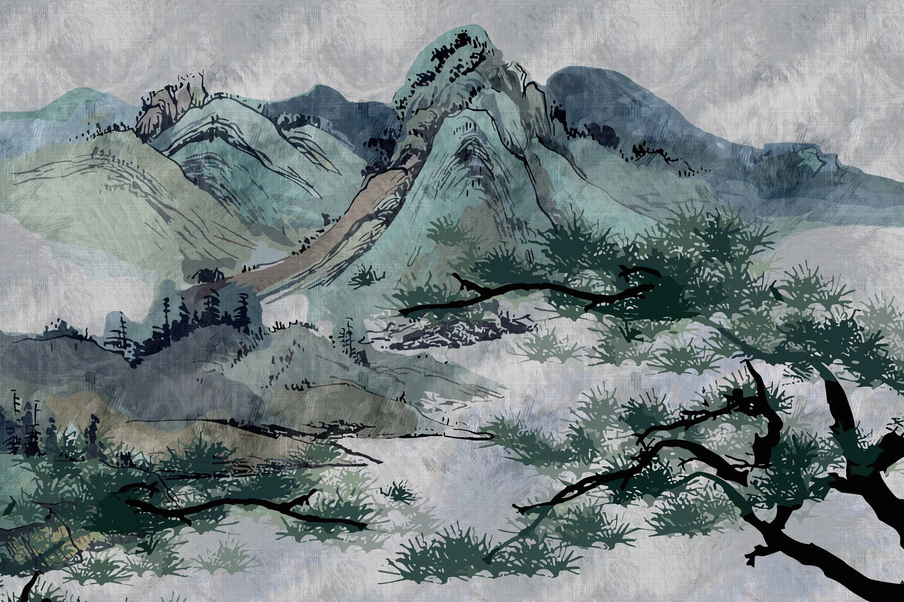 Traditional Chinese landscape painting of mountains and a building.