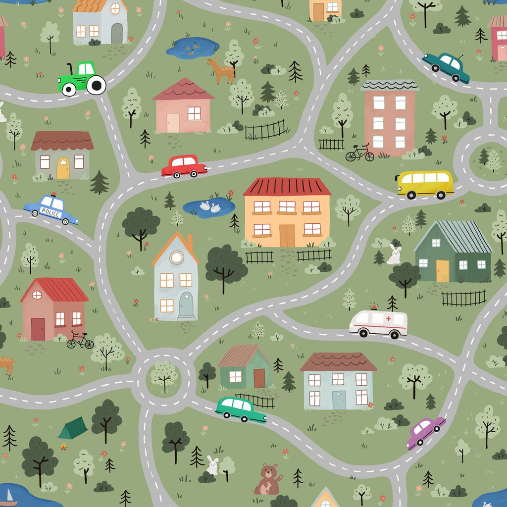 Tiny Town Explorer Peel and Stick Wallpaper, Removable Wallpaper, Traditional Wallpaper - Moss Green | DeccoPrint