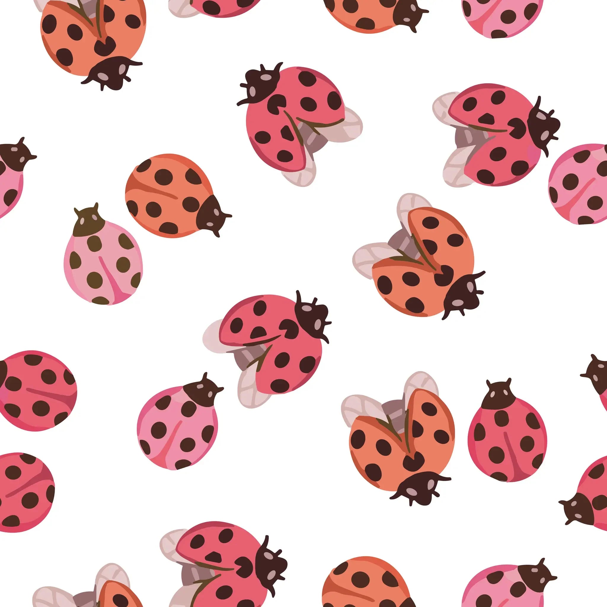 Pattern of cartoon ladybugs on a white background