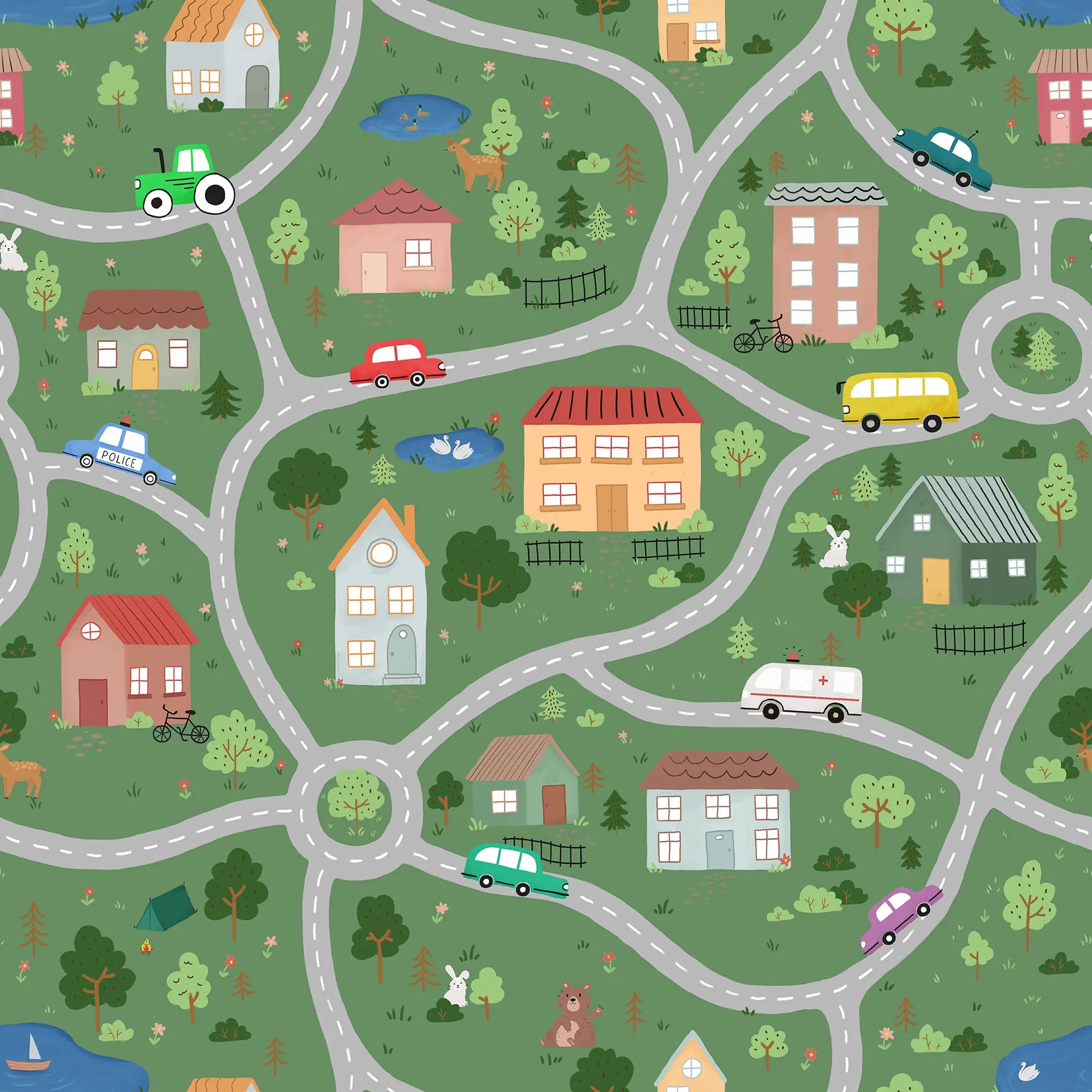 Illustrated children's road map with houses, vehicles, and nature elements on a green background.