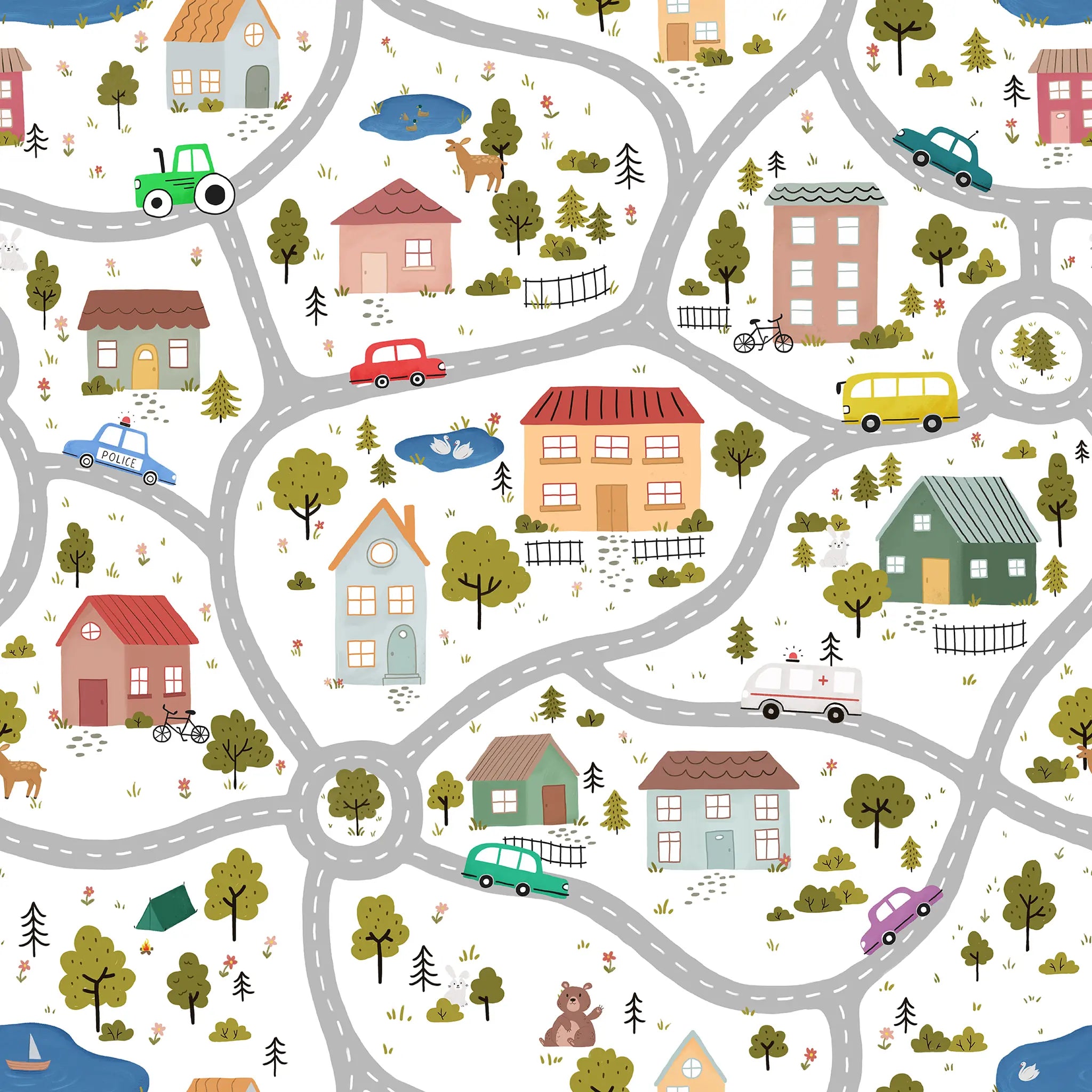 Illustrated children's map with houses, roads, cars, and trees on a white background