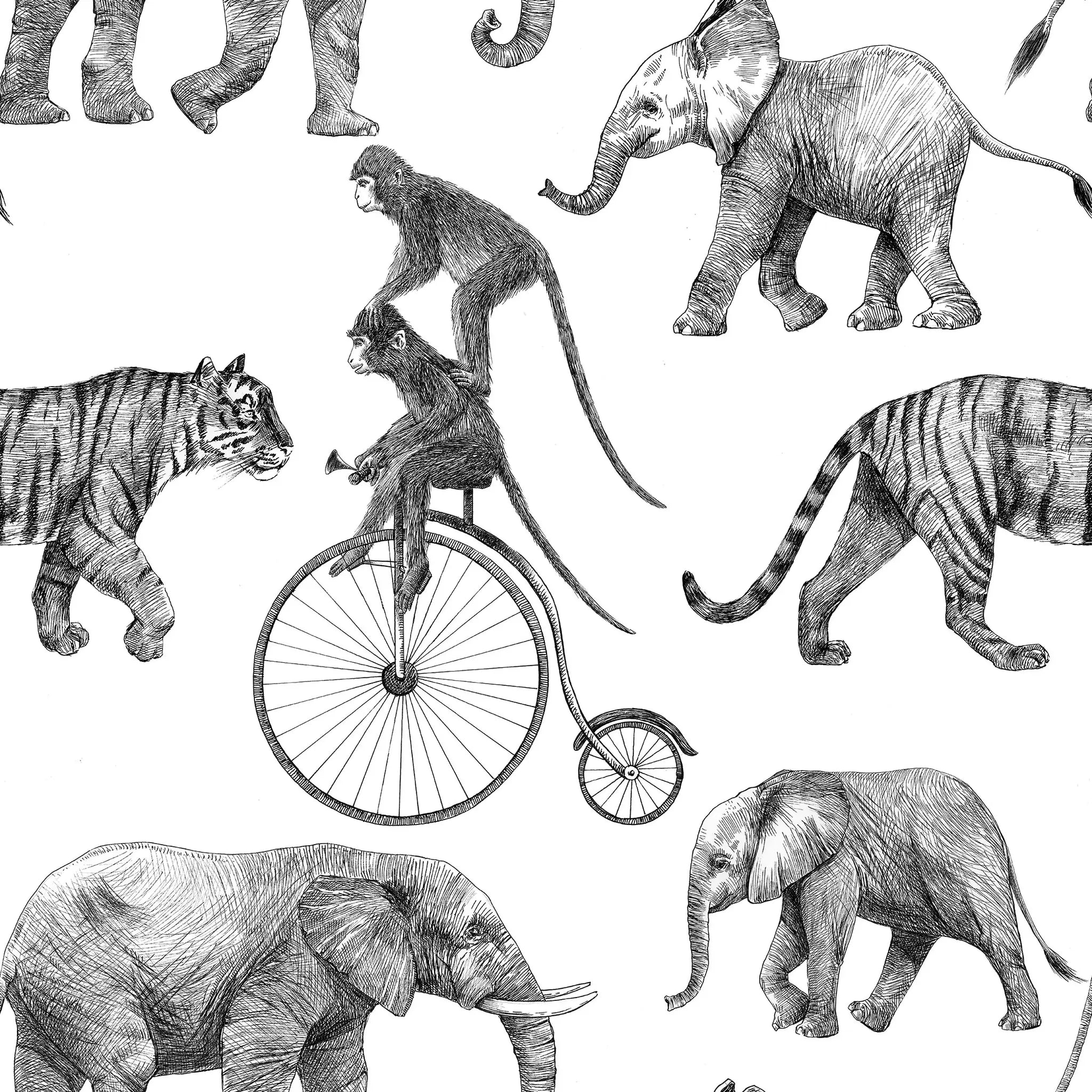 Pattern of black and white animals including elephants, tigers, and a monkey on a bicycle.