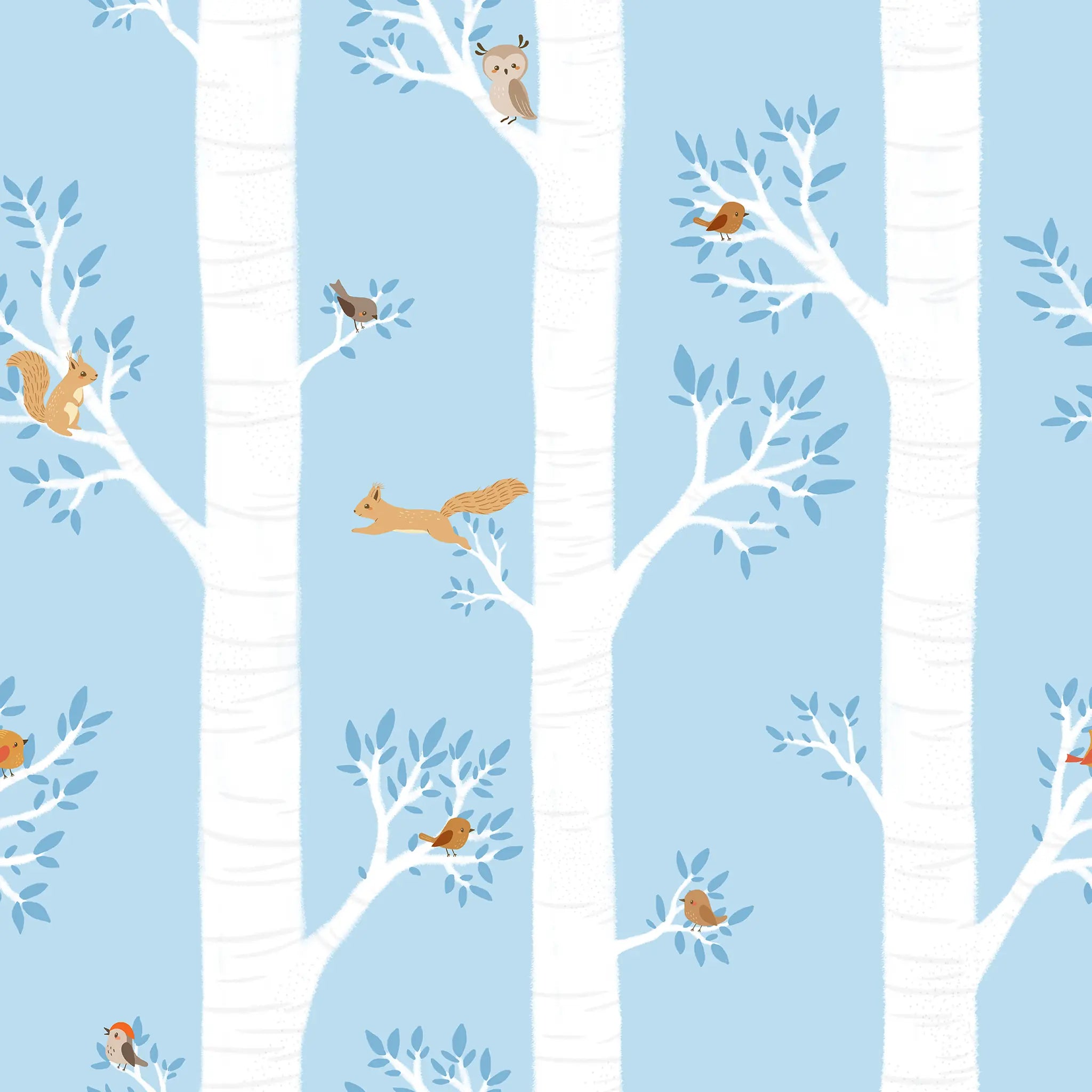 Pattern of trees and animals on a light blue background