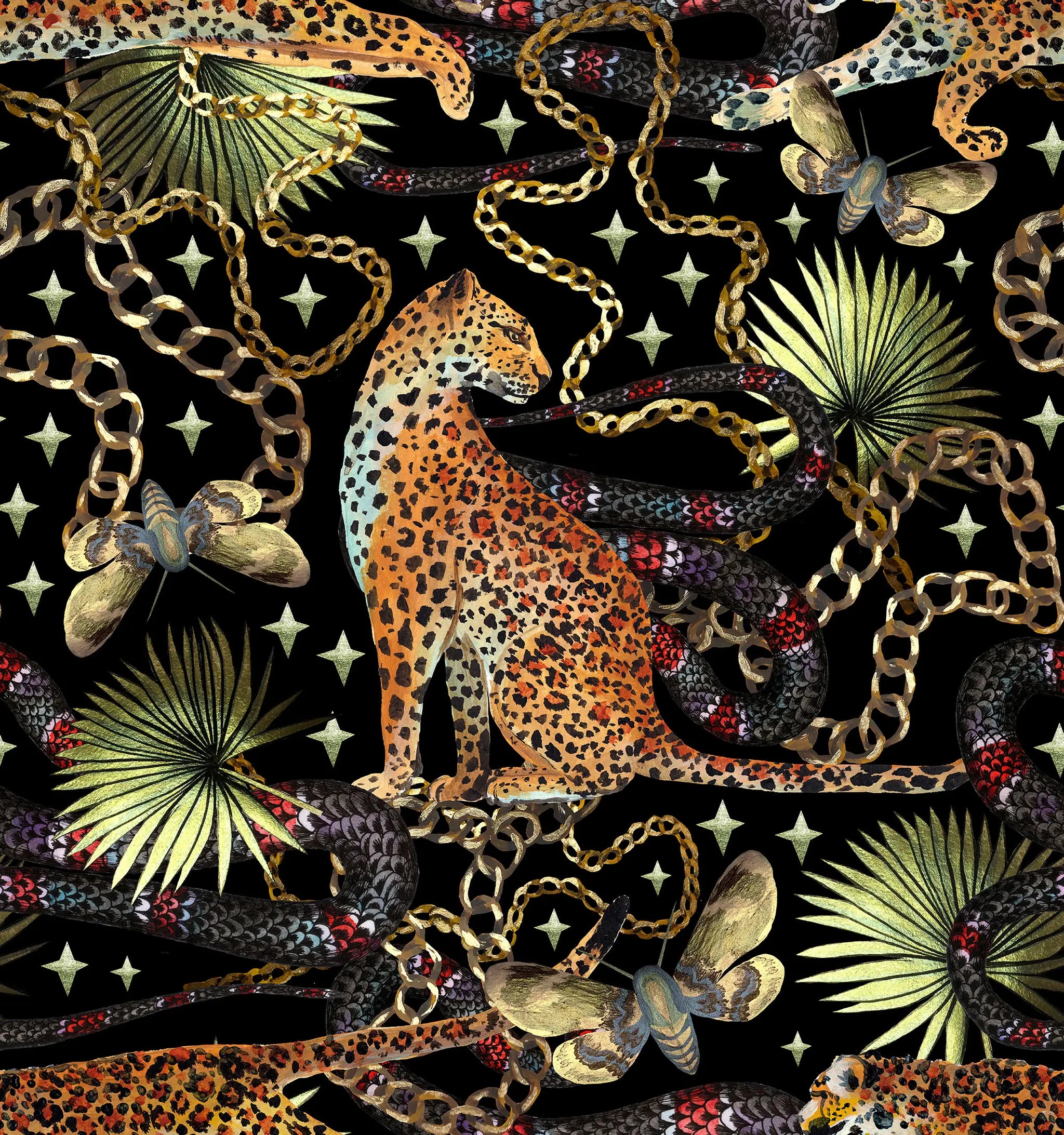 Leopard, chains, and plants on a black background