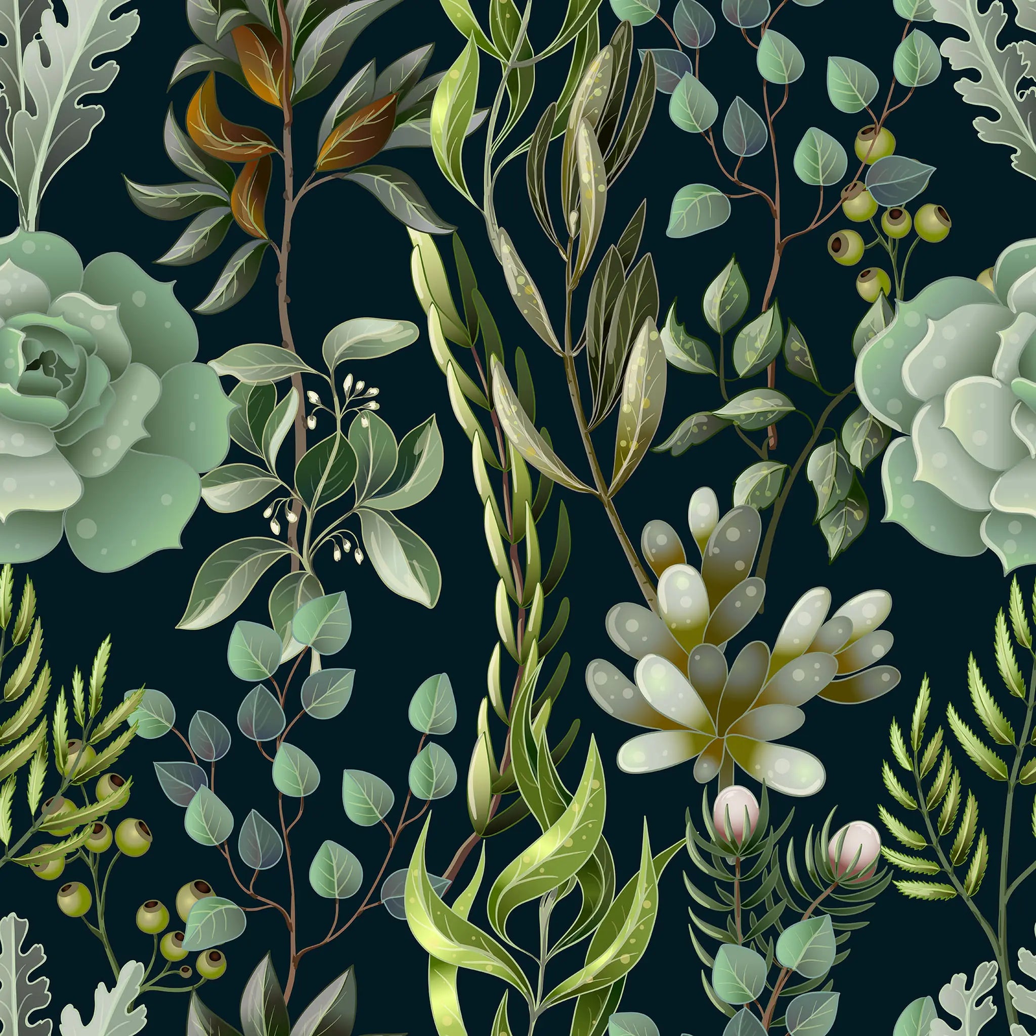 Pattern of green leaves and flowers on a dark blue background