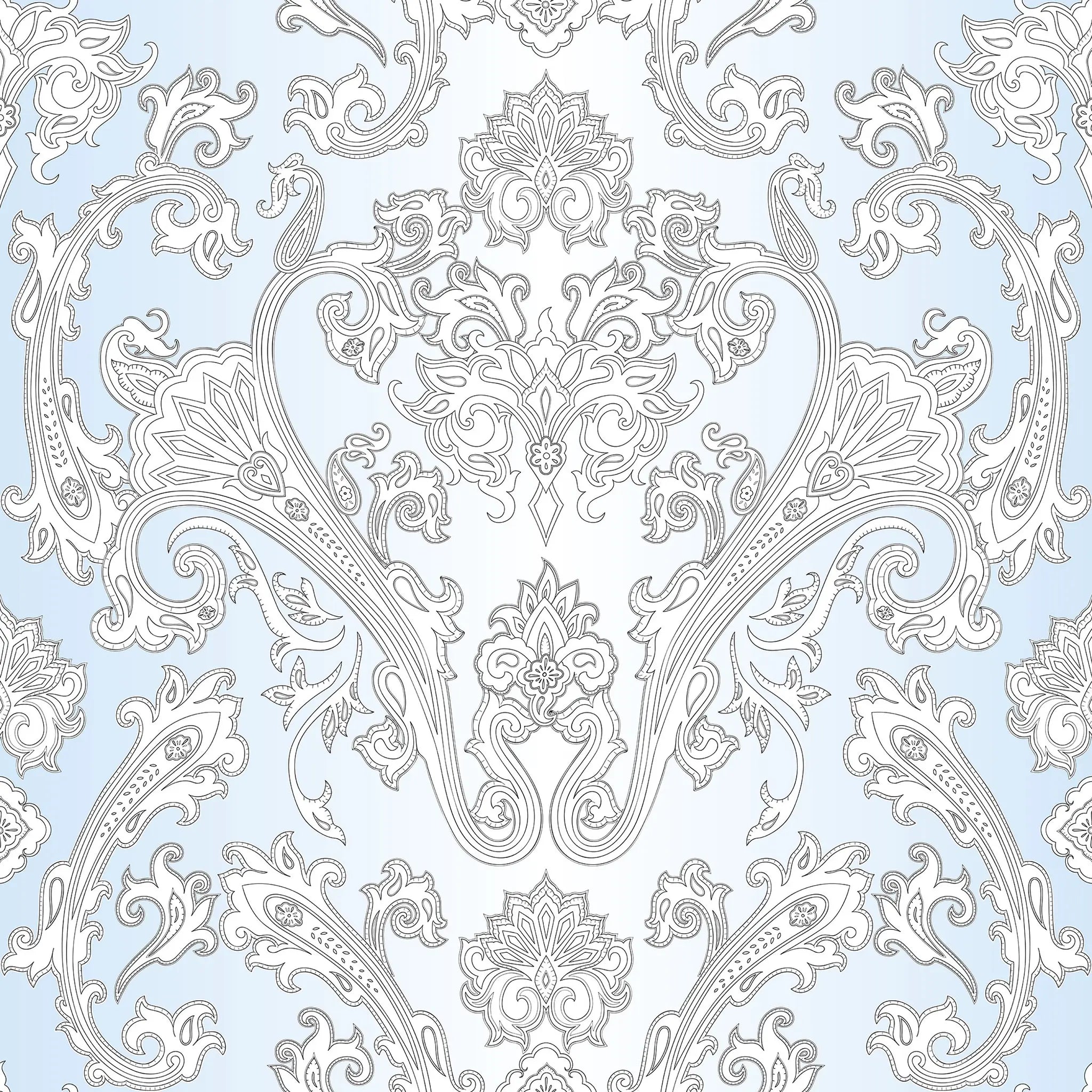Decorative white paisley pattern on a light blue background