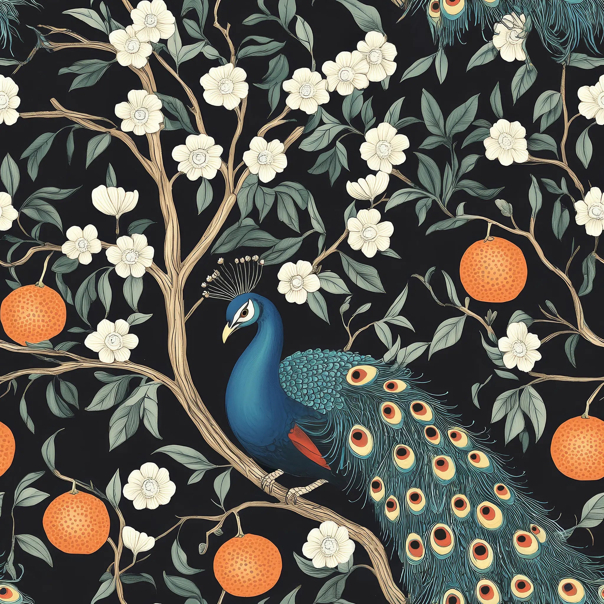Peacock among flowers and oranges on a dark background