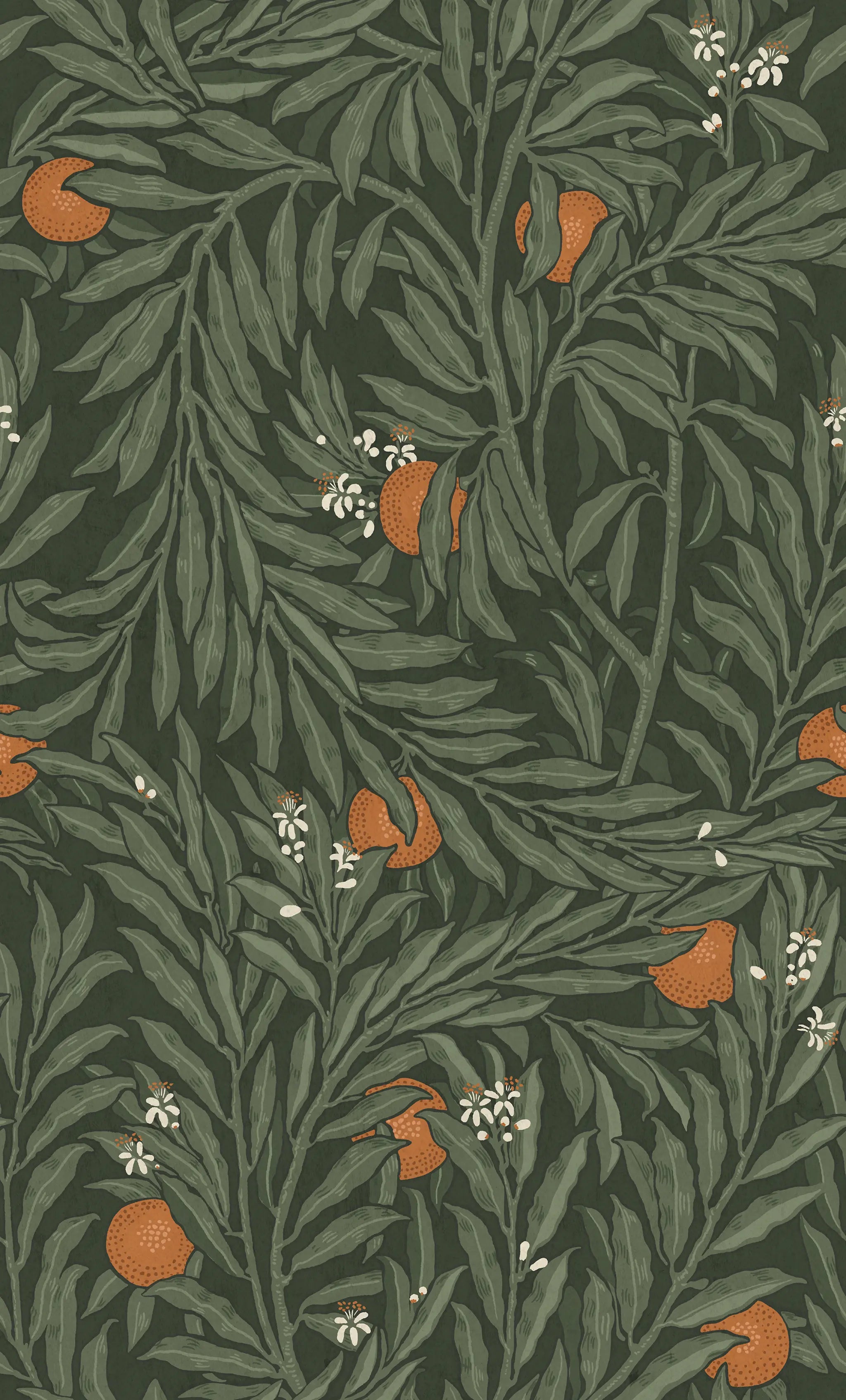 Pattern of leaves and oranges on a dark green background