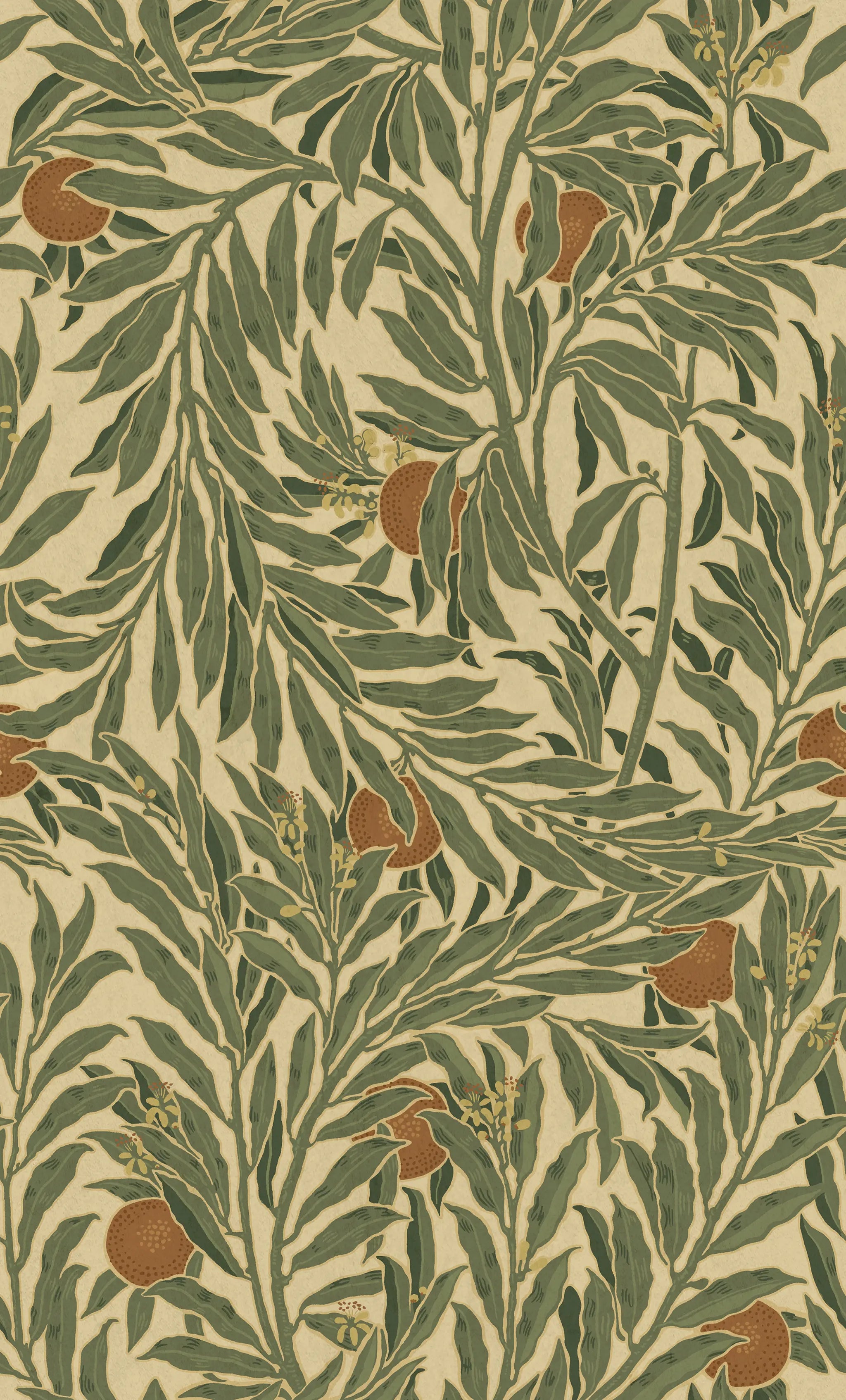 Patterned fabric with green leaves and brown fruits on a beige background