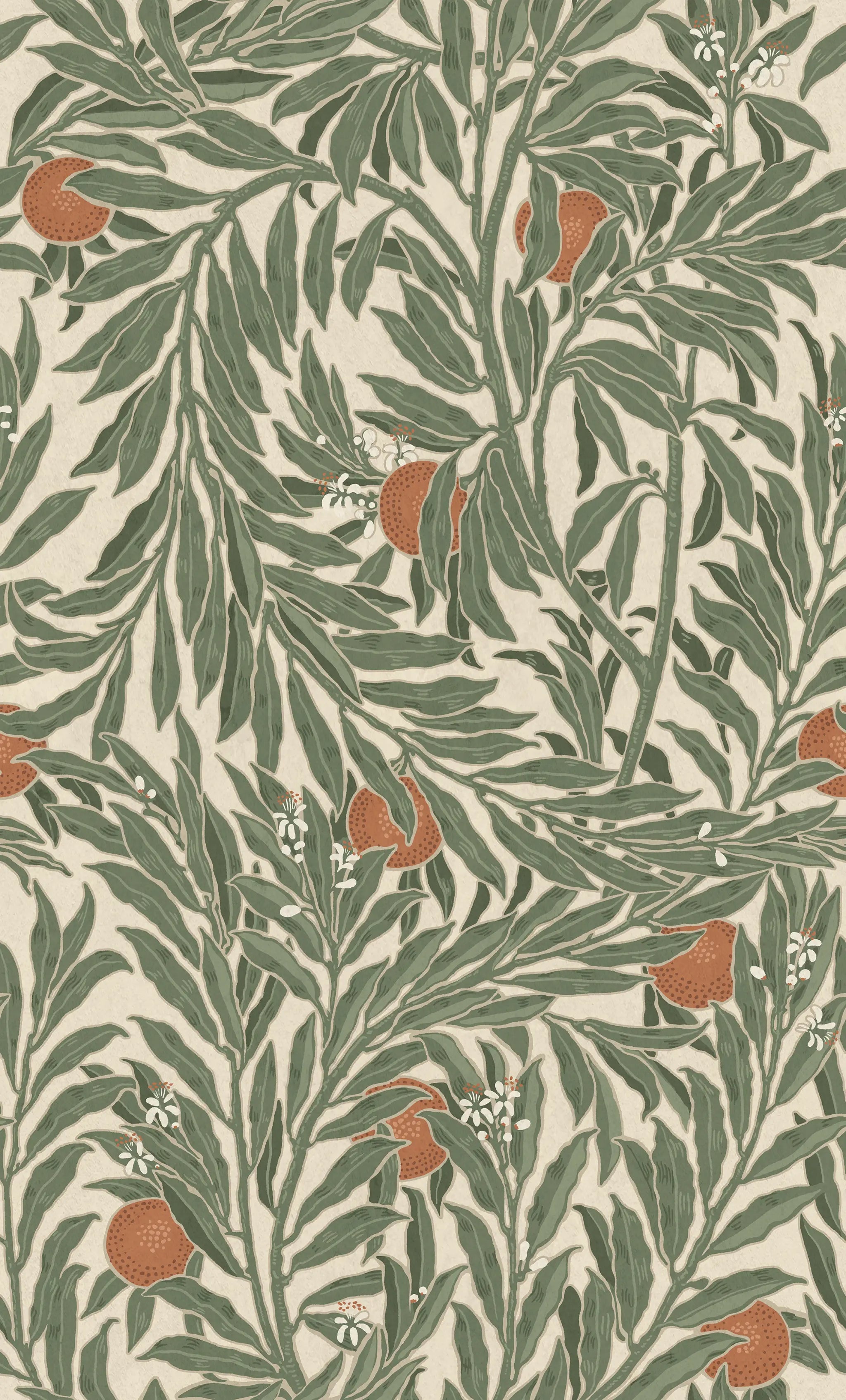 Patterned fabric with leaves and fruits on a beige background
