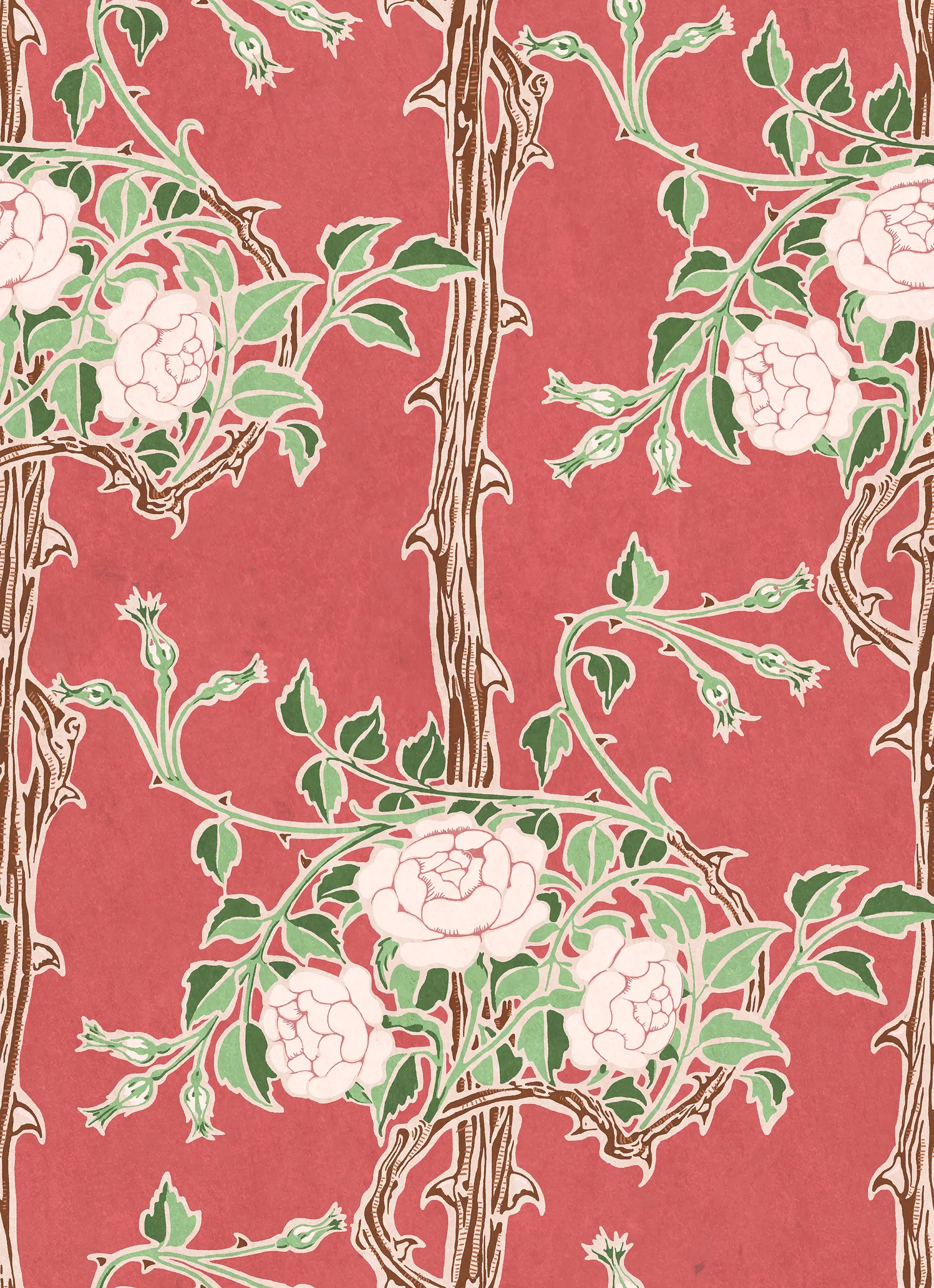 Floral pattern with white flowers and green leaves on a red background