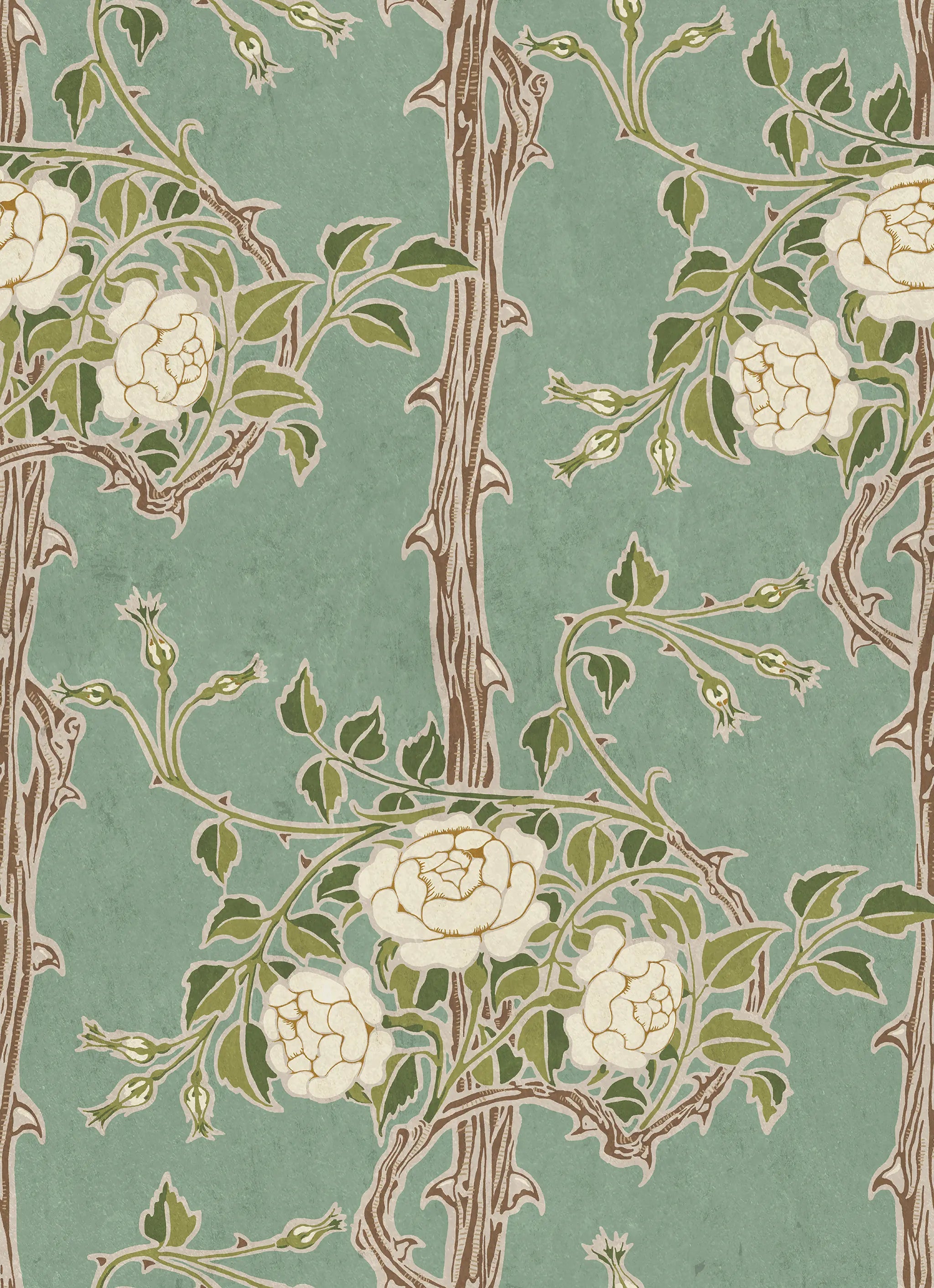 Vintage-style floral pattern with white flowers and green leaves on a teal background