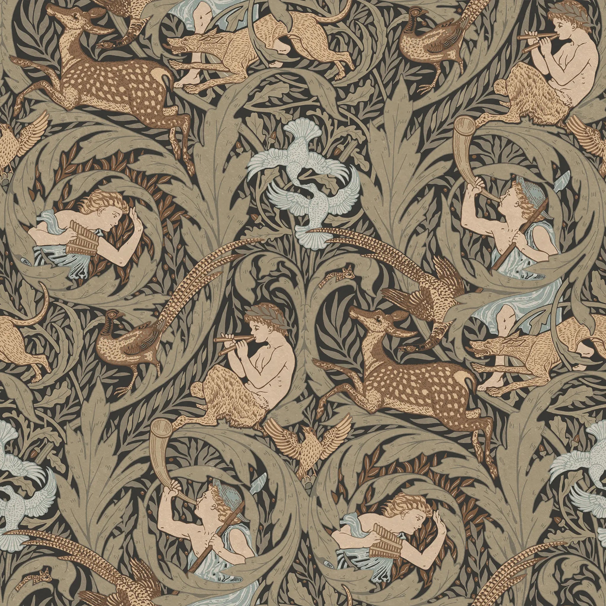 Decorative pattern that features young boys holding panpipes situated on either side of a pheasant, nestled within lush, curling foliageon a muted brown background
