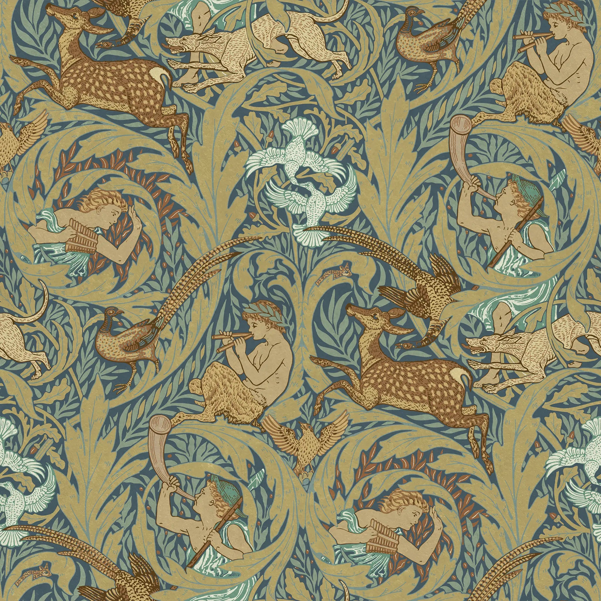Decorative pattern that features young boys holding panpipes situated on either side of a pheasant, nestled within lush, curling foliageon a muted green background