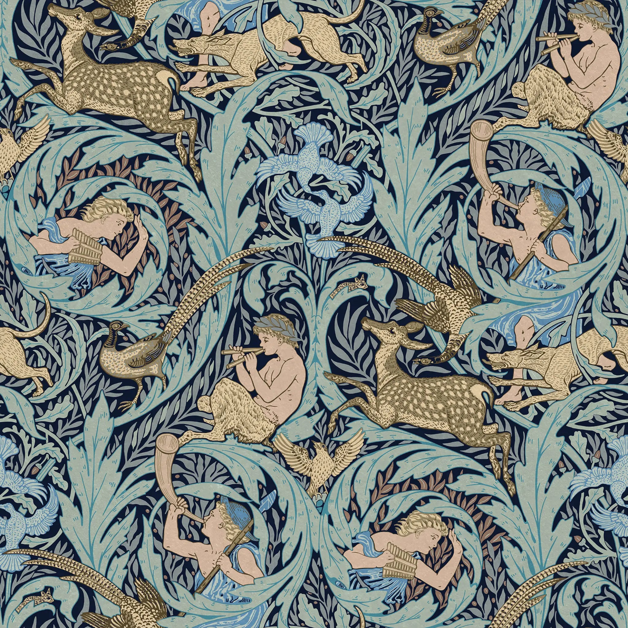 Decorative pattern that features young boys holding panpipes situated on either side of a pheasant, nestled within lush, curling foliageon a blue backround
