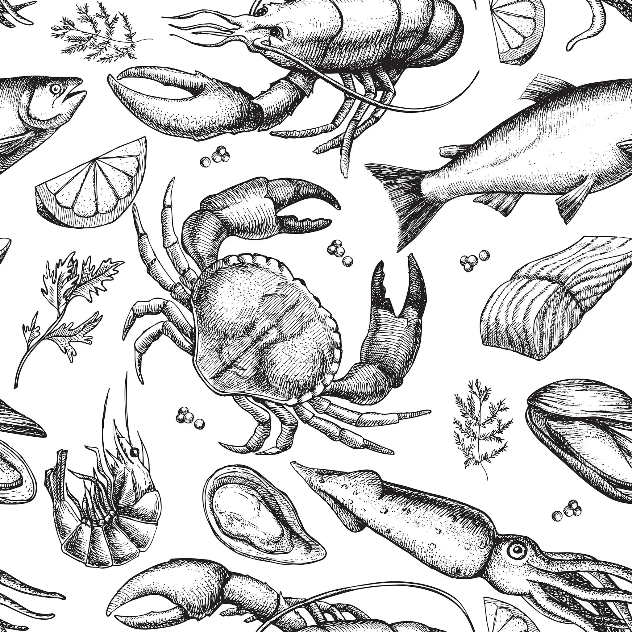 Illustration of various sea creatures including a lobster, crab, fish, and shellfish on a white background.