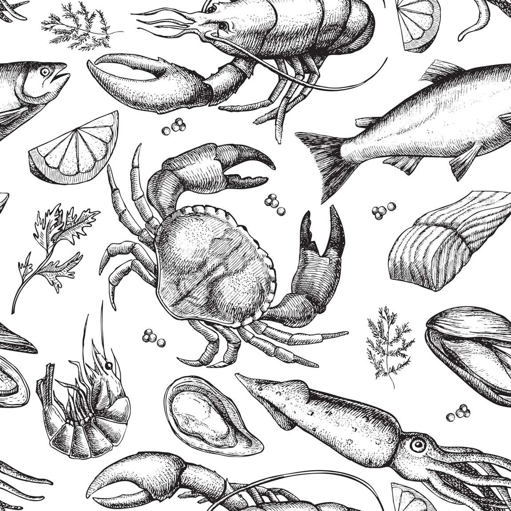 Illustration of various sea creatures including a lobster, crab, fish, and shellfish on a white background.