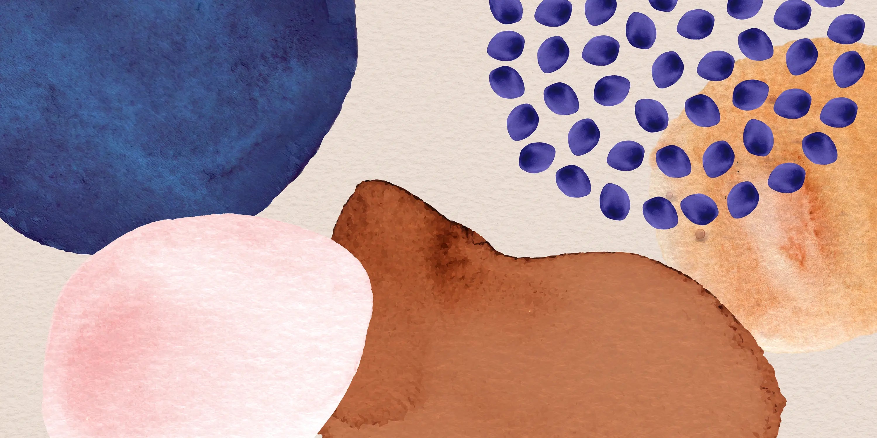 Abstract art with blue, pink, brown, and purple shapes on a beige background