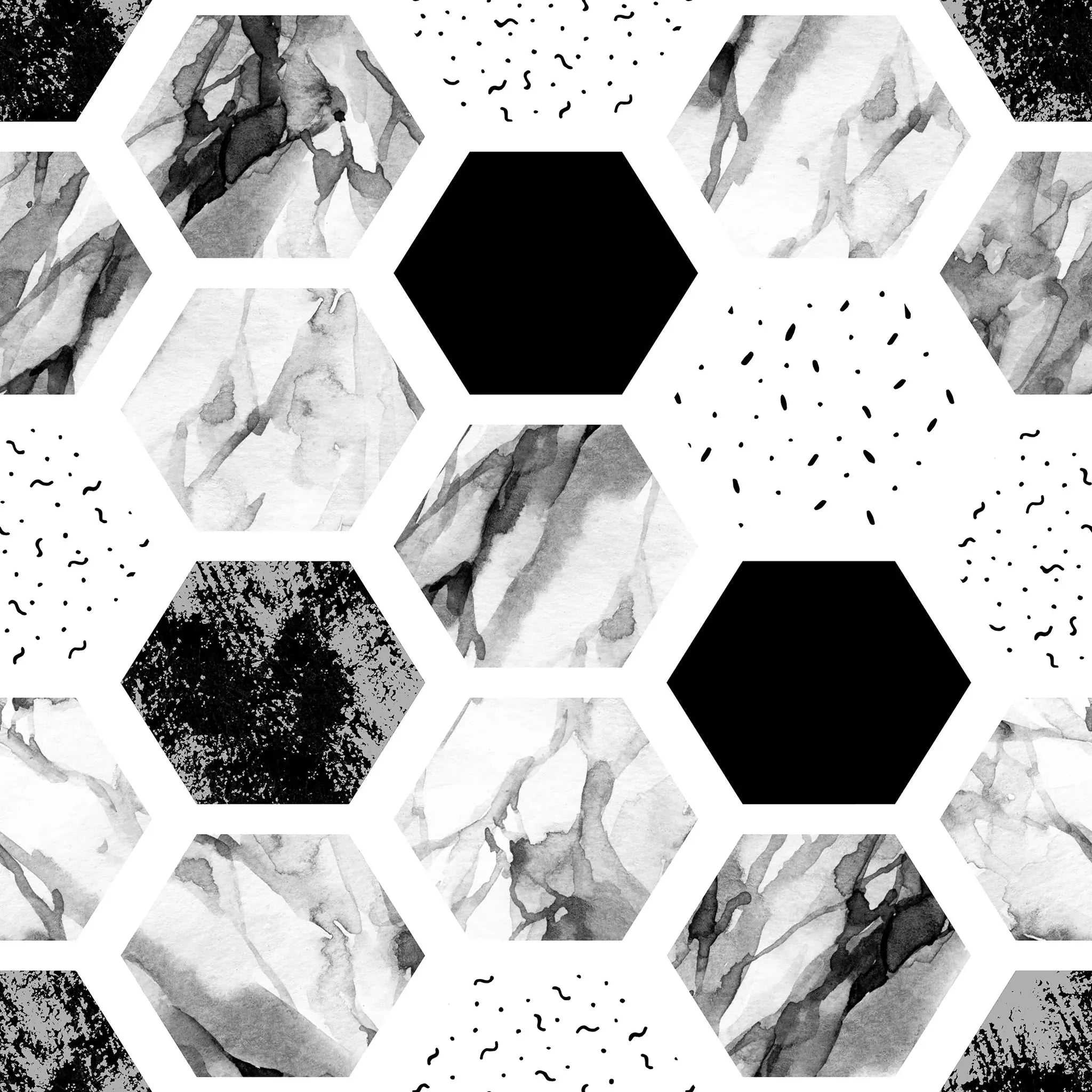Hexagonal pattern with black shapes on a white background