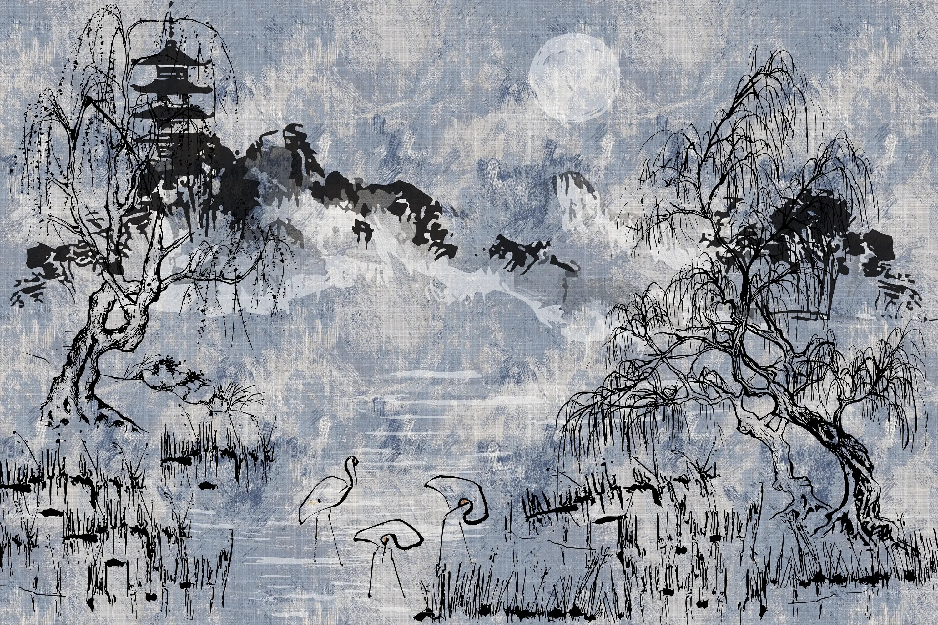 Traditional ink painting of a landscape with trees, birds, and a full moon.