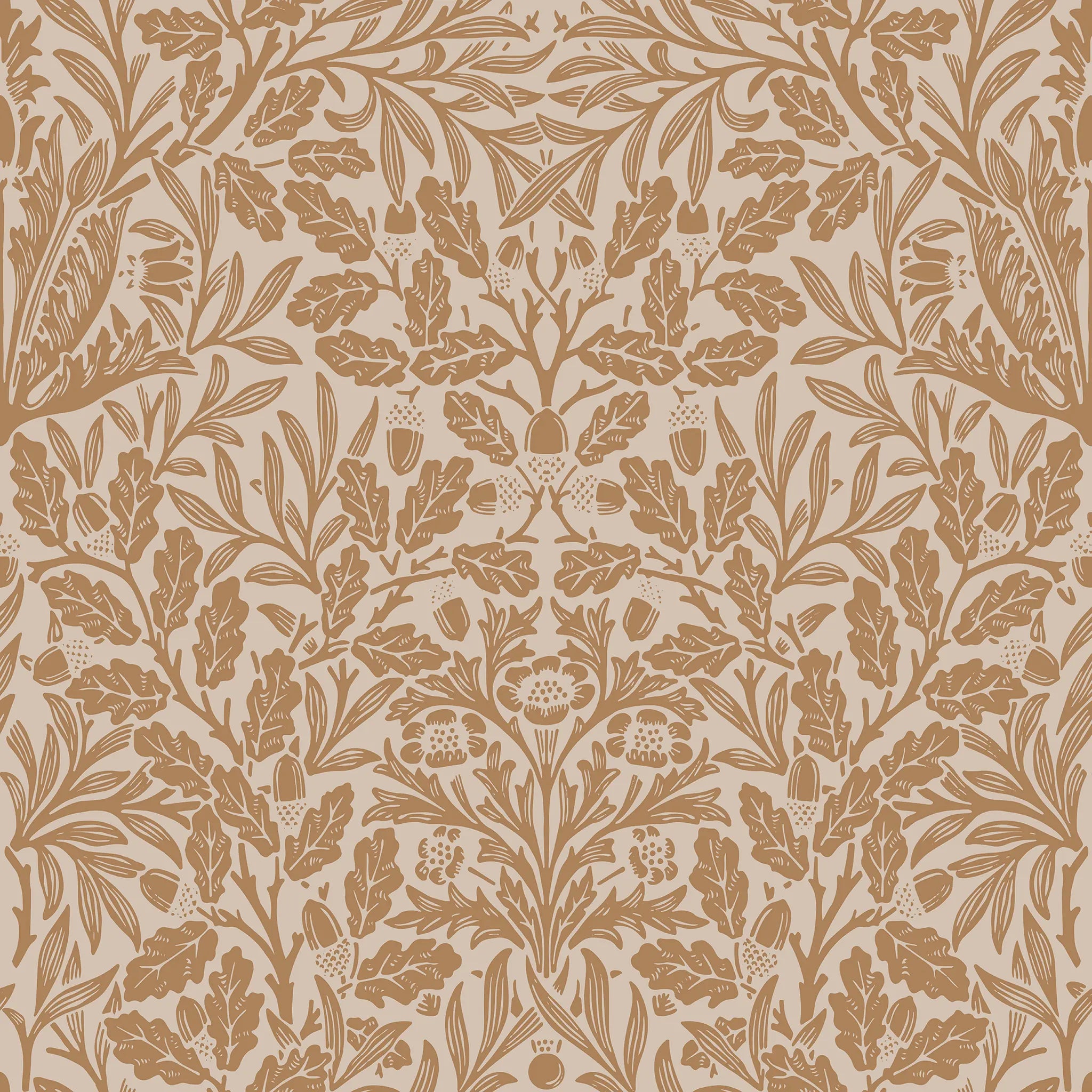 Brown floral pattern with acorns on a beige background