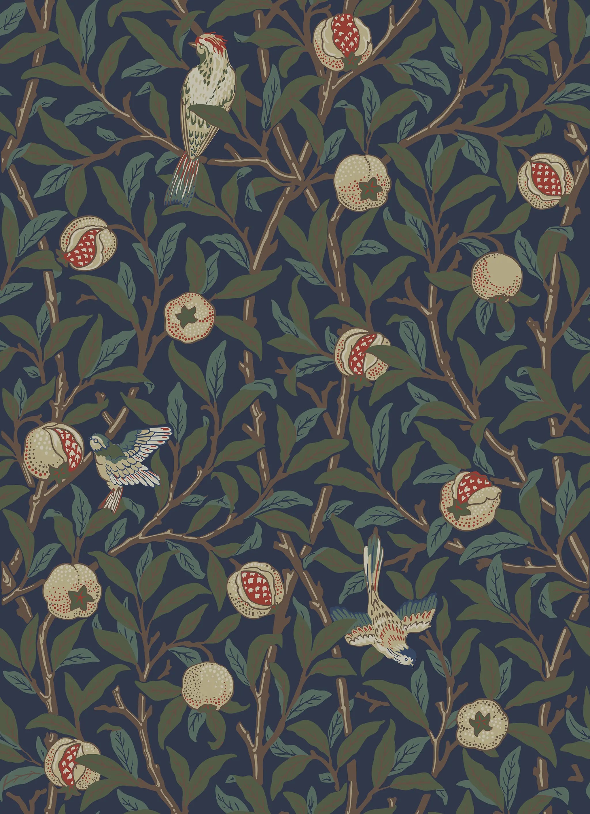 Patterned design with birds, flowers, and leaves on a dark blue background