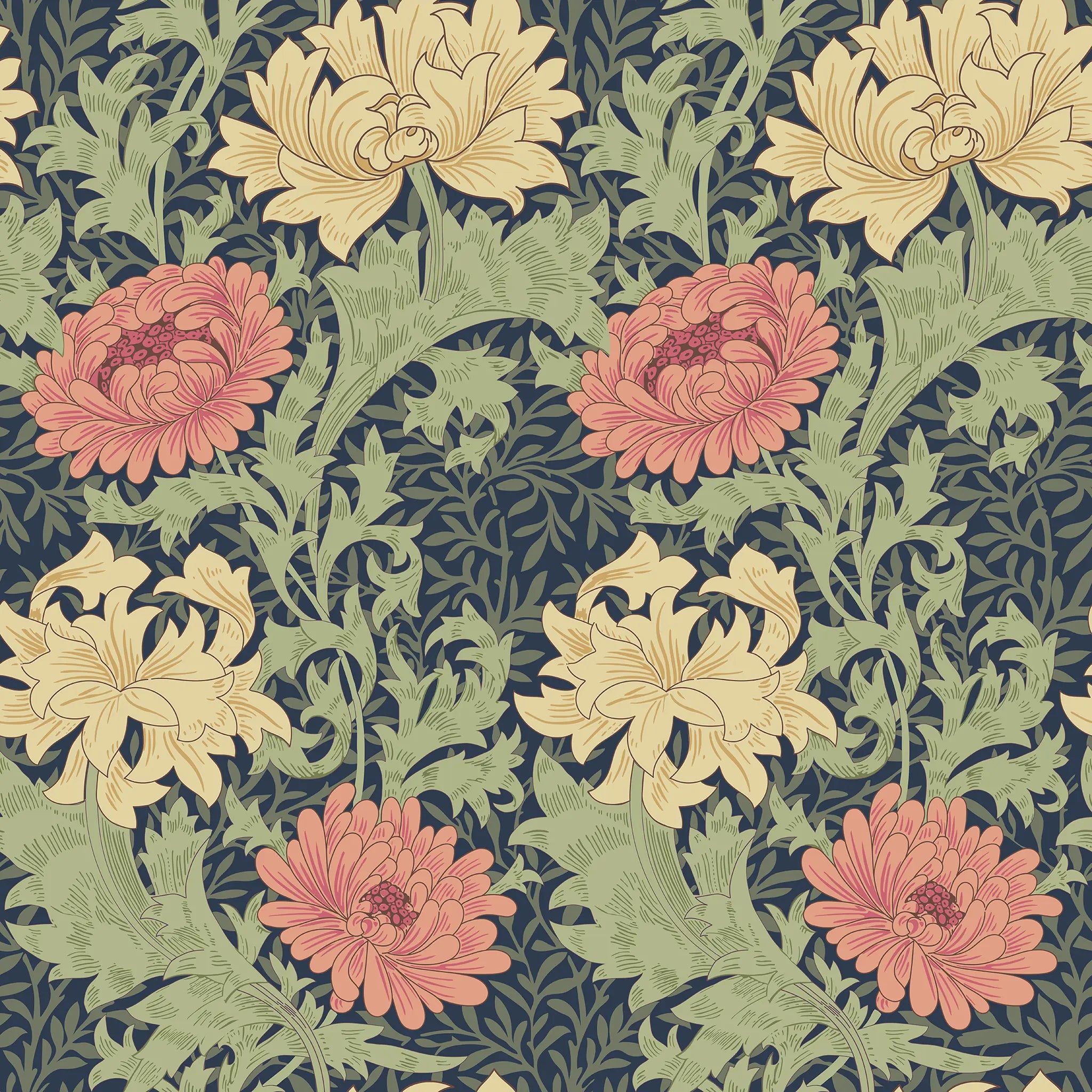 Floral pattern with pink and yellow flowers on a dark green background