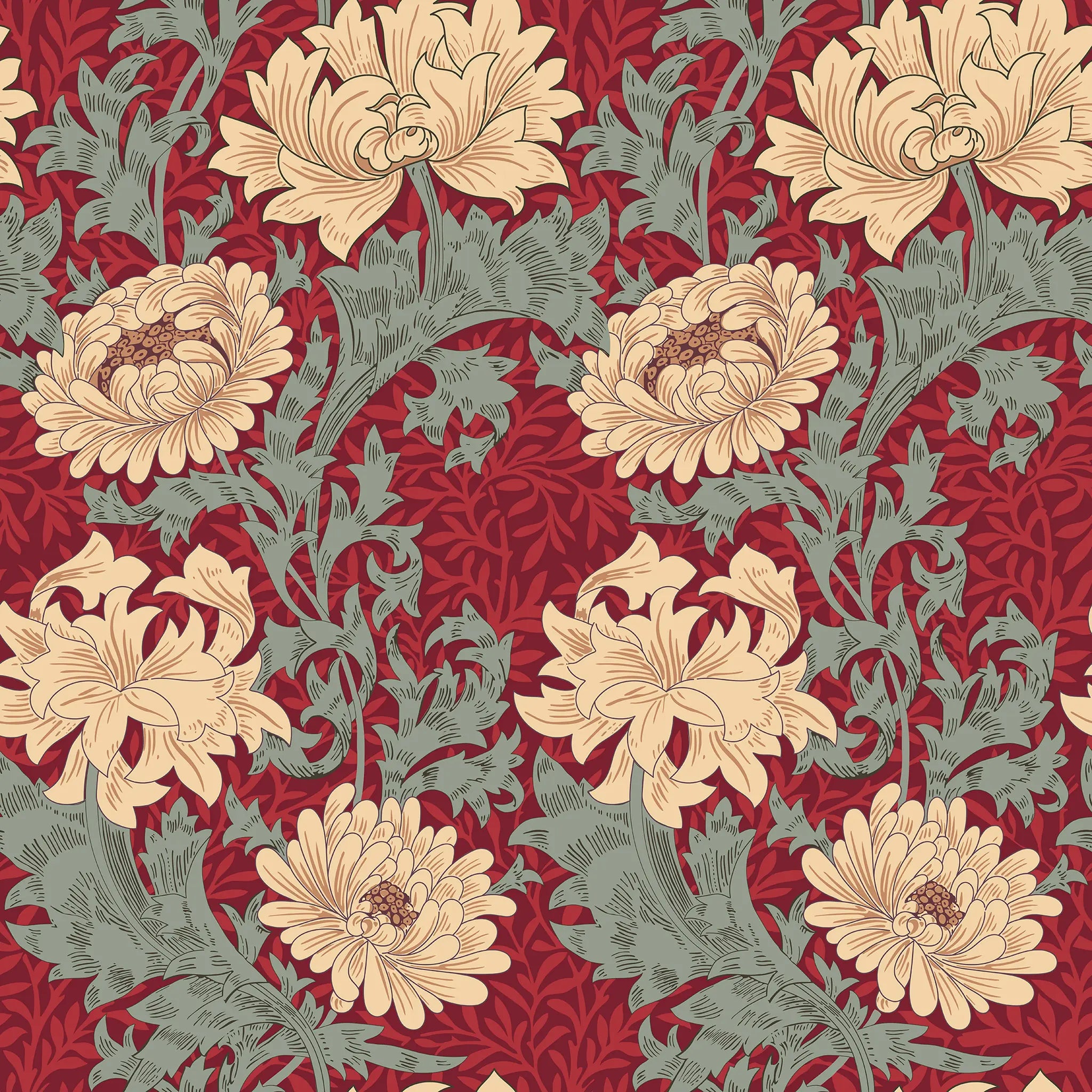 Floral pattern with beige flowers on a red background