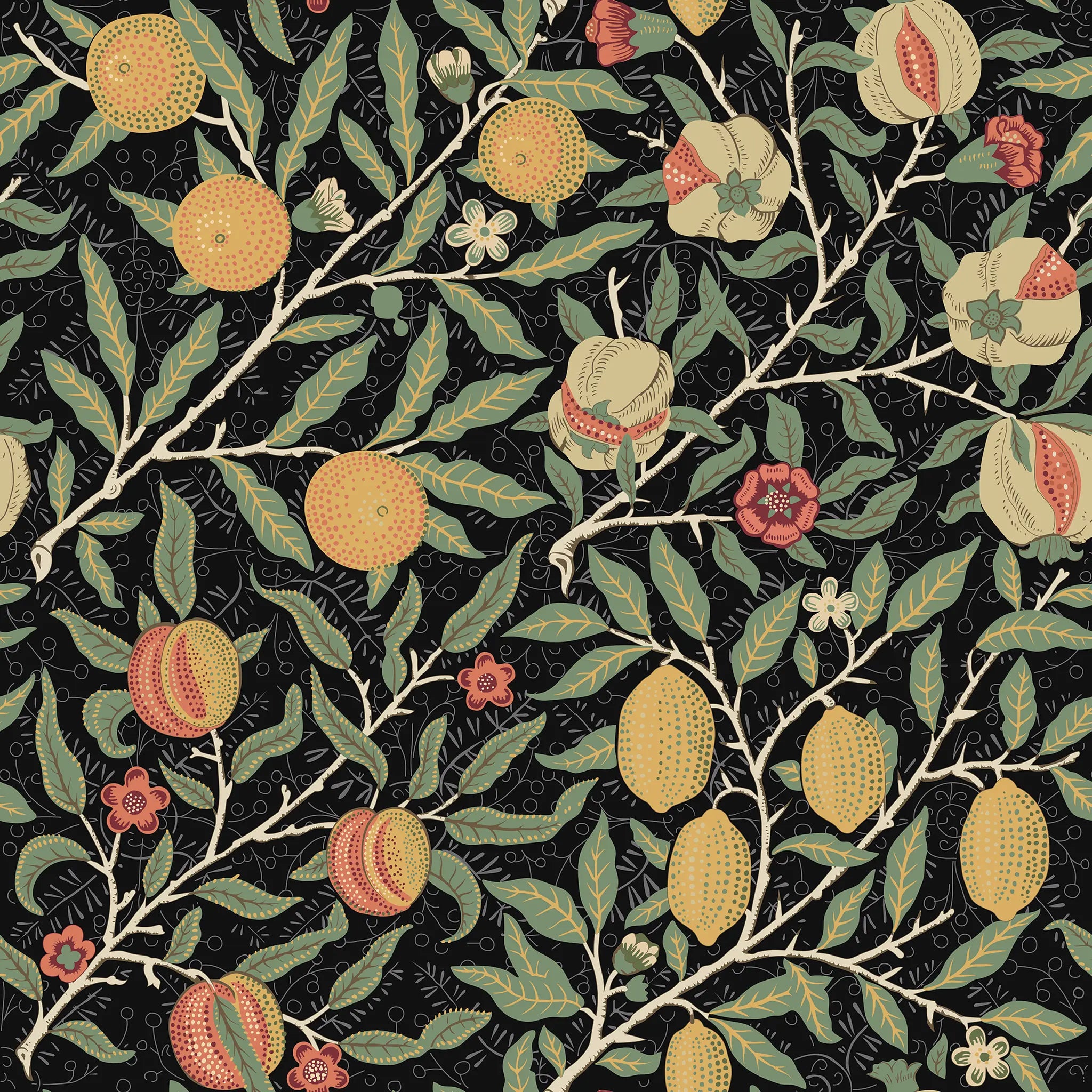 Decorative pattern of fruits and leaves on a black background